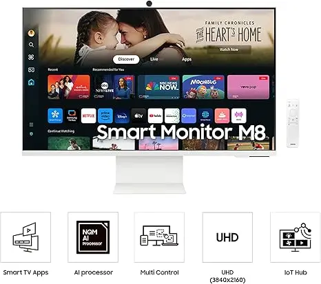 SAMSUNG 32-Inch M8 (M80D) Series 4K UHD Smart Monitor with Streaming TV, Speakers, HDR10+, AI Upscaling, USB-C, Ergonomic Stand, SlimFit Camera, Gaming Hub, LS32DM801UNXZA, 2024 image 2