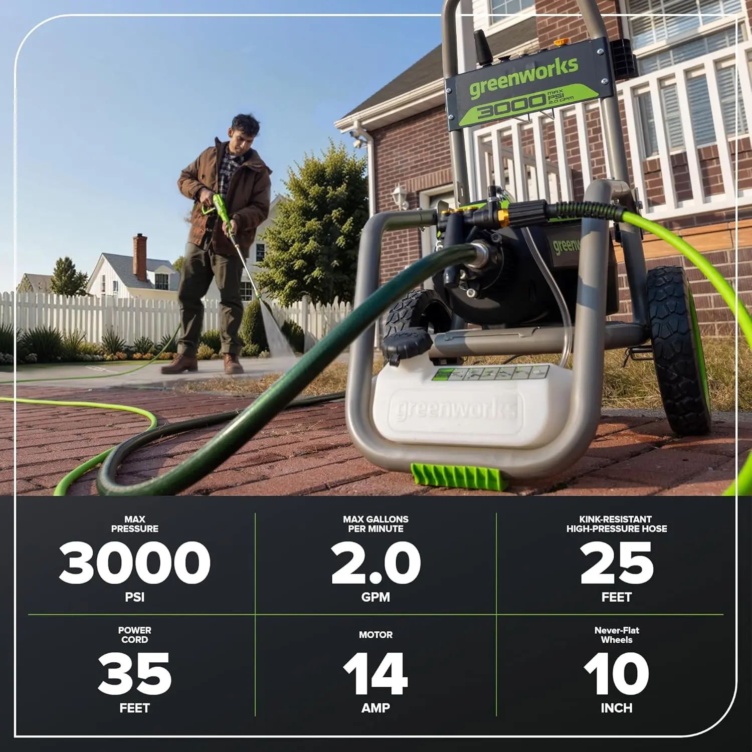 Greenworks Pro Brushless 3000 PSI (CSA Certified) 2.0 GPM Max / 1.1 GPM Electric Pressure Washer (Foldable Handles, Rugged Steel Frame, 25 FT Hose, 35 FT GFCI Power Cord) image 3
