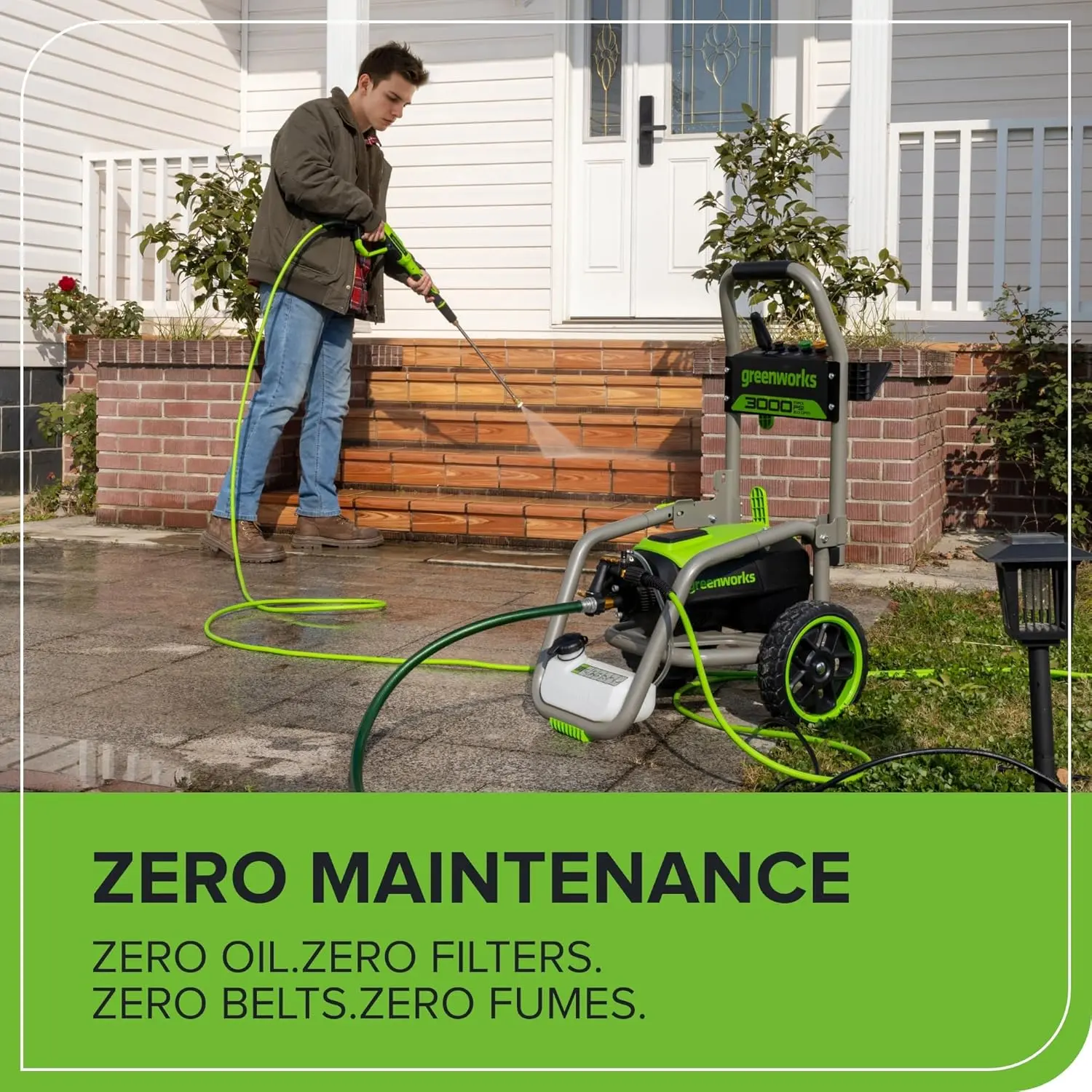 Greenworks Pro Brushless 3000 PSI (CSA Certified) 2.0 GPM Max / 1.1 GPM Electric Pressure Washer (Foldable Handles, Rugged Steel Frame, 25 FT Hose, 35 FT GFCI Power Cord) image 7