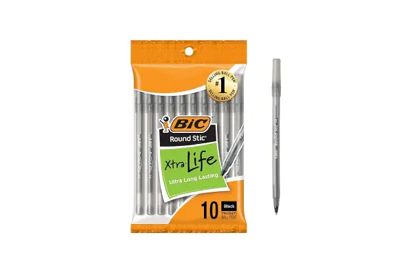 BIC Round Stic Xtra Life Black Ballpoint Pens, Medium Point (1.0mm), 10-Count Pack of Bulk Pens, Flexible Round Barrel for Writing Comfort, No. 1 Selling Ballpoint Pens image