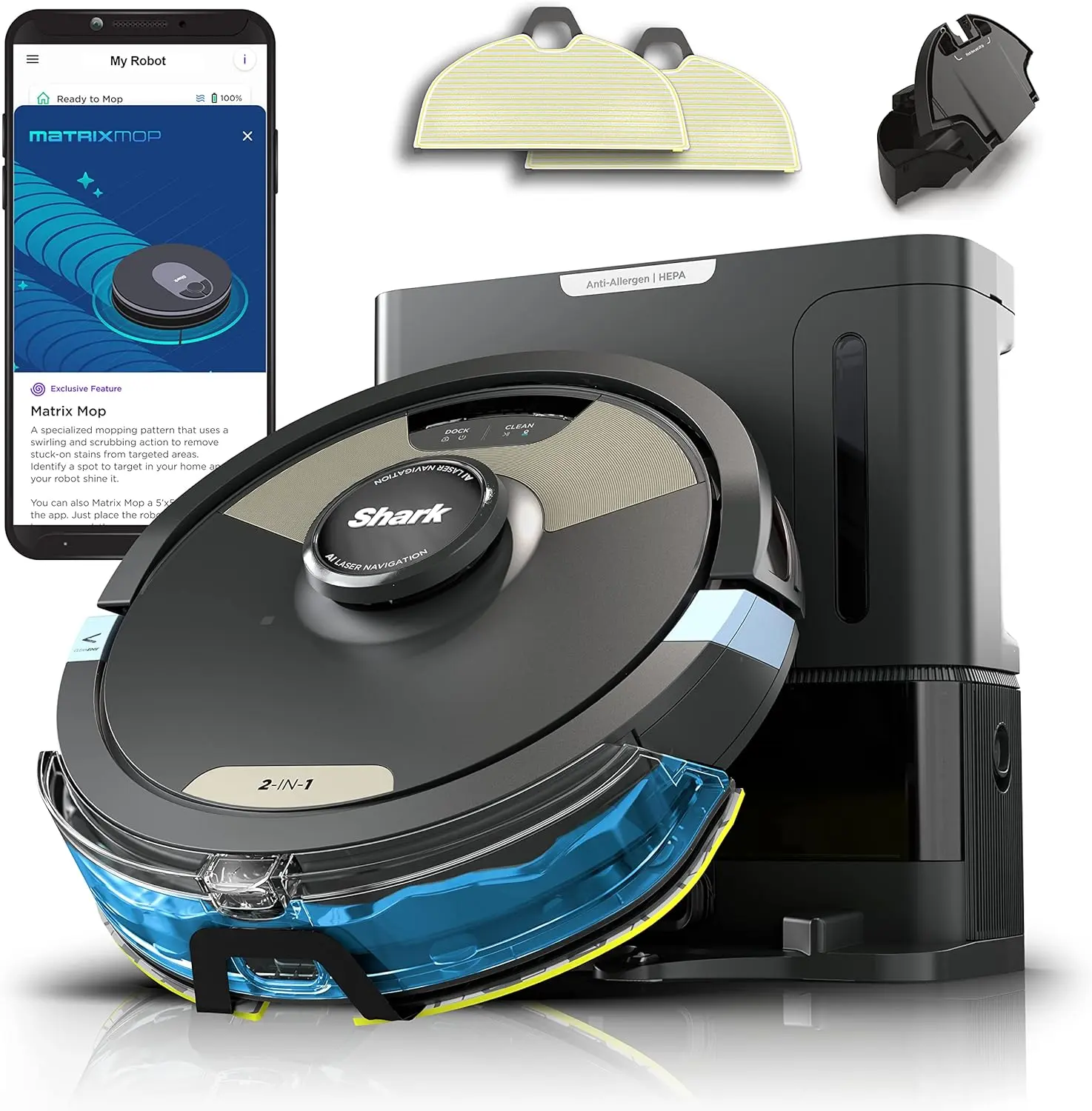 Shark Robot Vacuum & Mop Combo, Powerful Suction, Matrix Plus, 60-Day Debris Capacity, HEPA Bagless Self Empty Base, Sonic Mopping, Home Mapping for Pet Hair - Carpets & Hardfloor, AV2610WA image 1