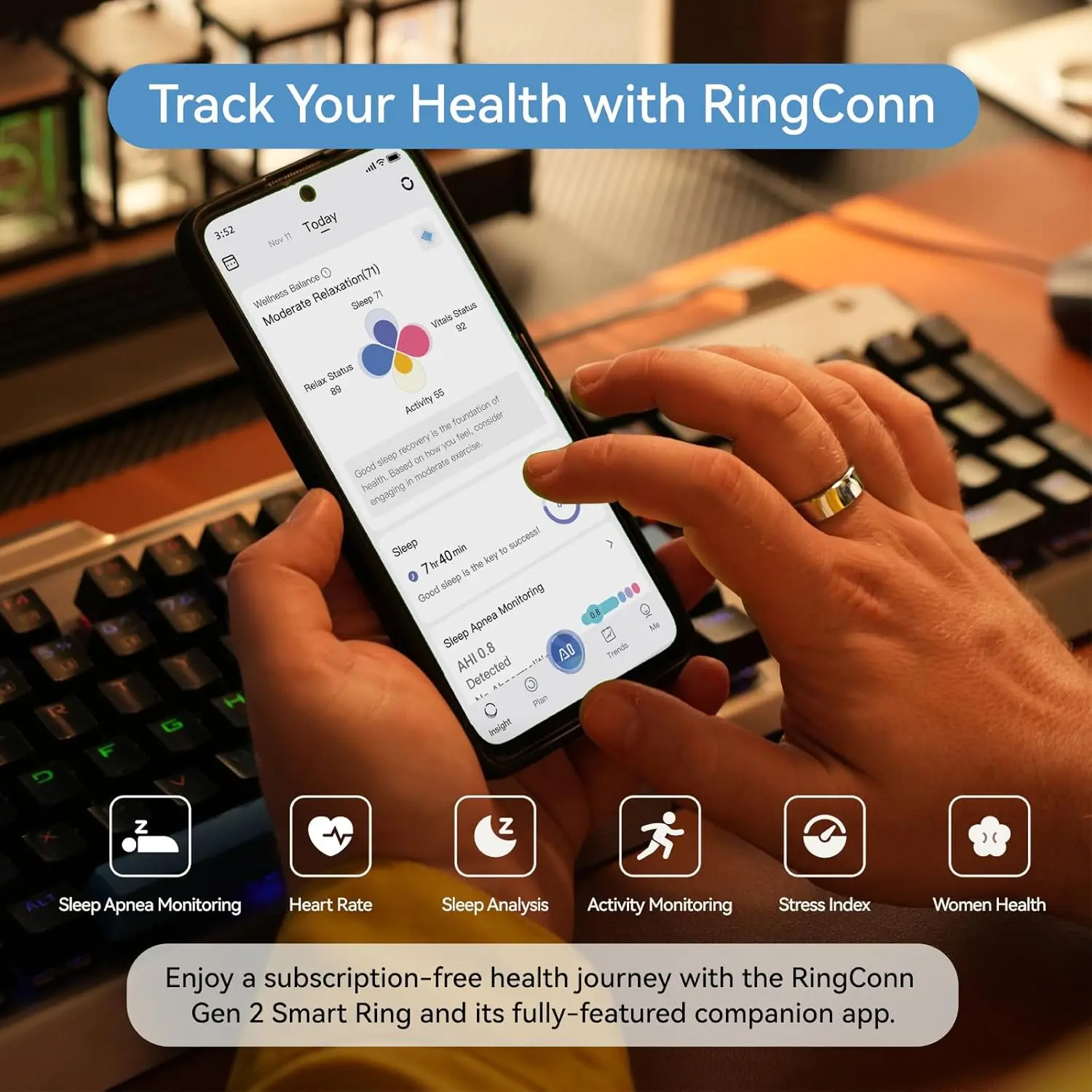 RingConn Gen 2, World’s First Smart Ring with Sleep Apnea Monitoring, No APP Subscription, 12-Day Battery Life, Stress/Heart Rate/Women's Health Tracker, Android & iOS Compatible (Silver, Size 10) image 4