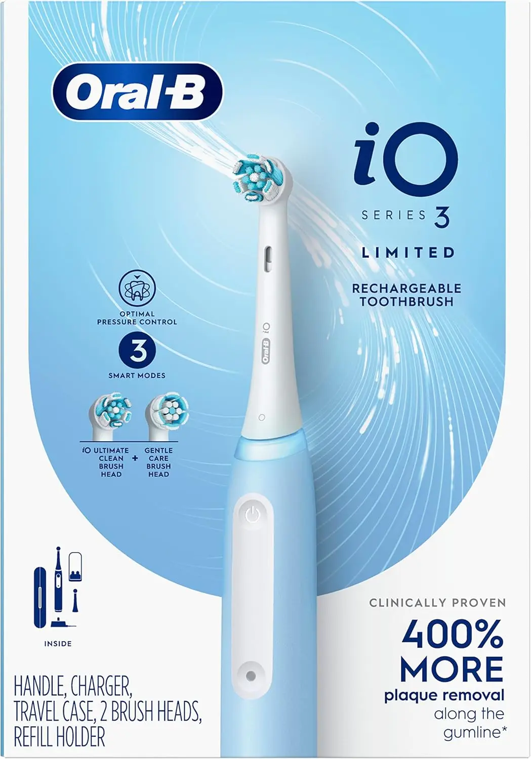 Oral-B iO Deep Clean Rechargeable Electric Powered Toothbrush, Icy Blue with iO Series 3 Limited, 2 Brush Heads and Travel Case - Pressure Sensor to Protect Gums - 3 Cleaning Settings - 2 Minute Timer image 10