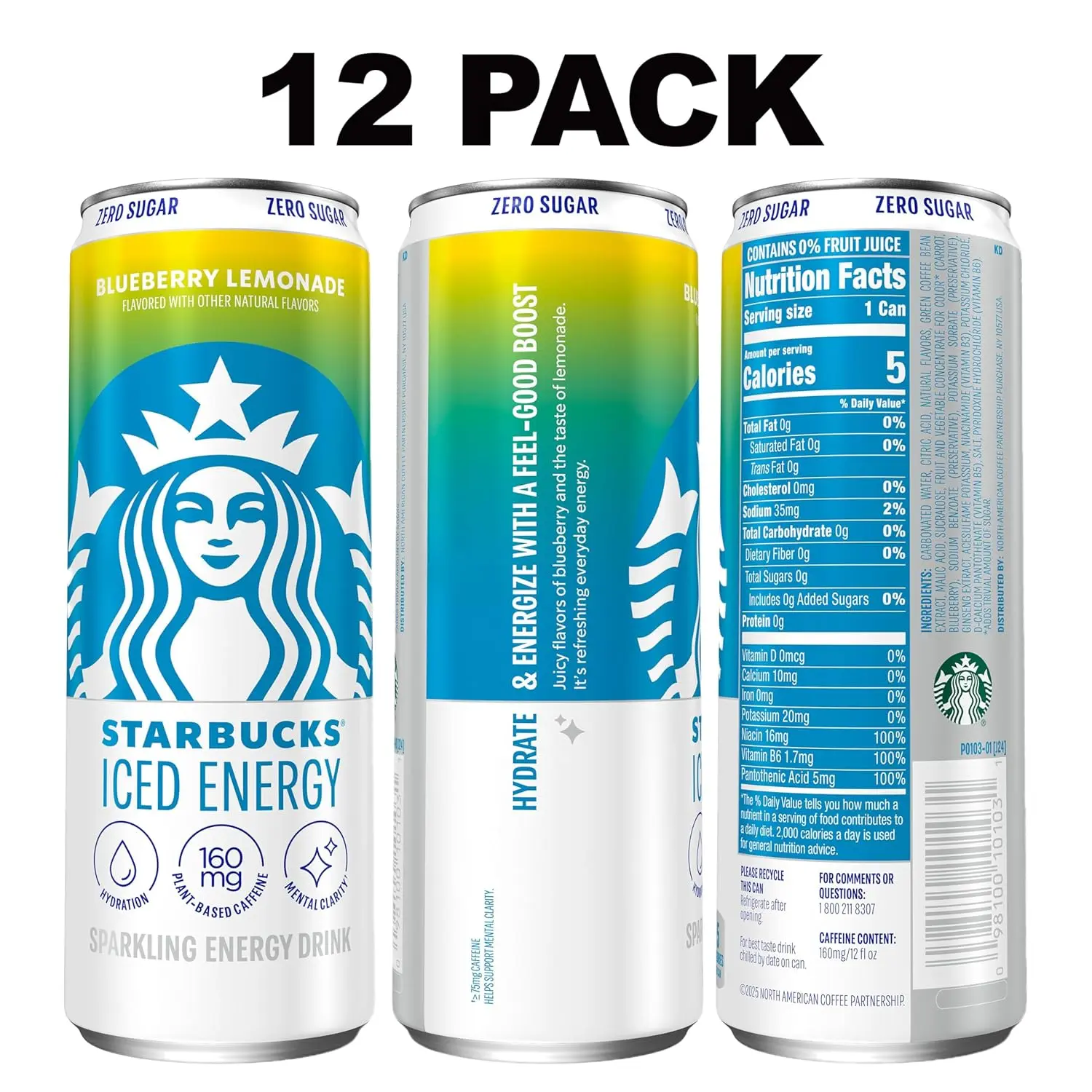 Starbucks Iced Energy Drink, Blueberry Lemonade, Zero Sugar Energy Drink, Plant Based Caffeine, Hydration, Mental Clarity, 12 Fl Oz Cans (Pack of 12) image 3
