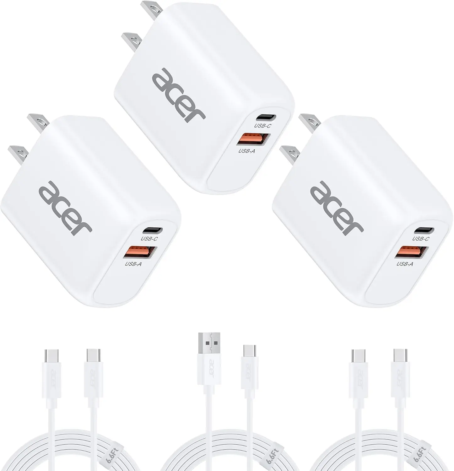 Acer USB C Charger Block, 3-Pack 20W Dual Port Type C Fast Charging, Wall Plug Adapter with 3-Pack 6.6FT Fast Power Cables Compatible with iPhone 16/15/ iPad Pro/ Air/ AirPods, iwatch, Galaxy image 1