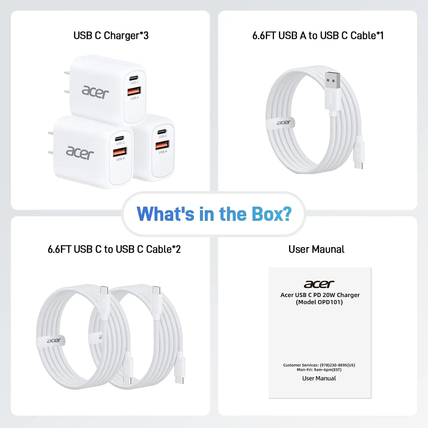Acer USB C Charger Block, 3-Pack 20W Dual Port Type C Fast Charging, Wall Plug Adapter with 3-Pack 6.6FT Fast Power Cables Compatible with iPhone 16/15/ iPad Pro/ Air/ AirPods, iwatch, Galaxy image 9
