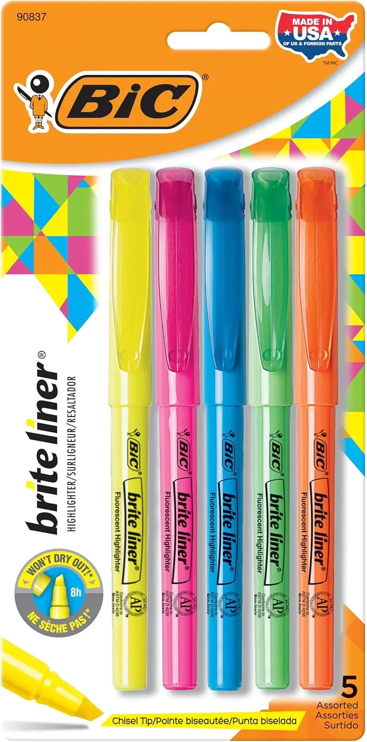 BIC Brite Liner Highlighters, Chisel Tip, 5-Count Pack of Highlighters Assorted Colors, Ideal Highlighter Set for Organizing and Coloring image 1