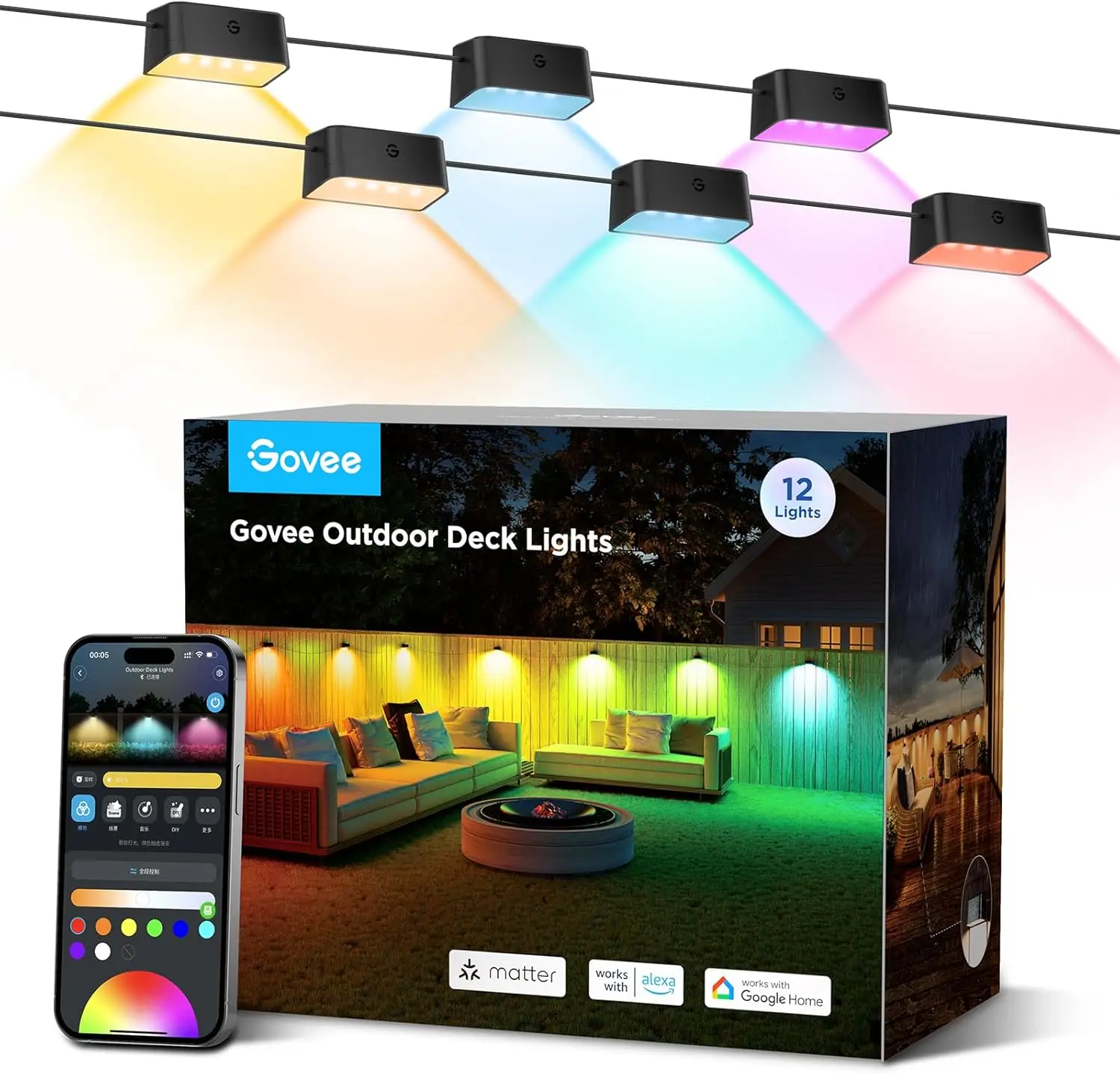 Govee Outdoor Deck Lights, Multicolor Outdoor Fence Lights, IP65 Waterproof Outdoor Lights with Smart Control, Preset Sences, Music Mode for Patio Decor, Wired 12 Packs (72ft) image 1