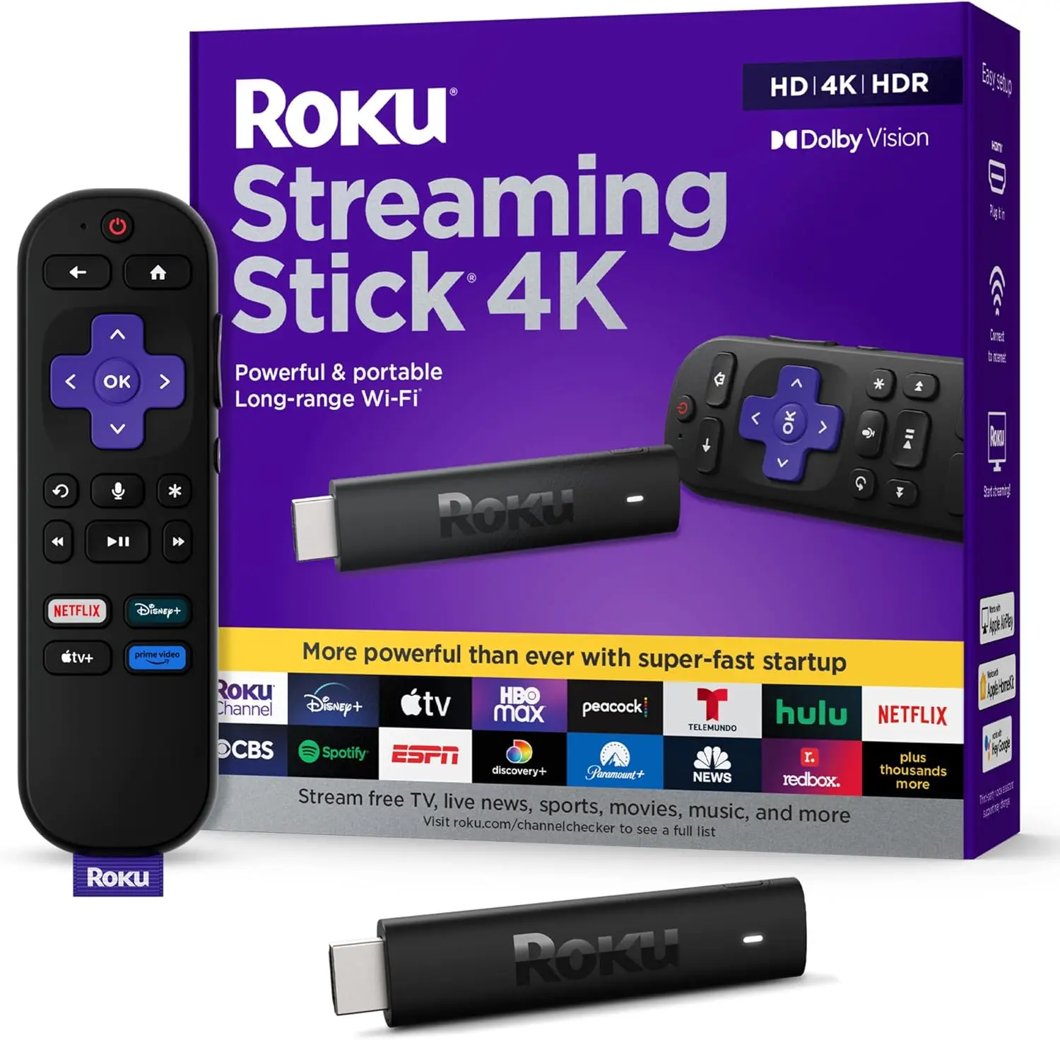 Roku Streaming Stick 4K - HDR & Dolby Vision Roku Streaming Device for TV with Voice Remote & Long-Range Wi-Fi - Free & Live TV image 1