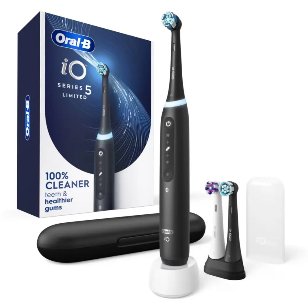 Oral-B iO Deep Clean + Whiten Rechargeable Electric Toothbrush with Visible Pressure Sensor, 2 Minute Timer, 5 Cleaning Settings, 1 iO5 Limited, 3 Toothbrush Heads, Travel Case & Refill Holder, Black image 1