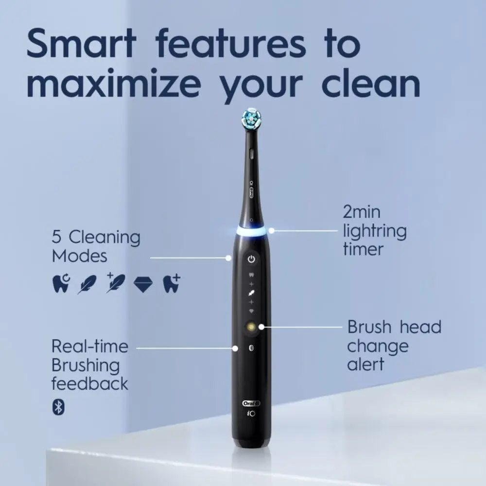 Oral-B iO Deep Clean + Whiten Rechargeable Electric Toothbrush with Visible Pressure Sensor, 2 Minute Timer, 5 Cleaning Settings, 1 iO5 Limited, 3 Toothbrush Heads, Travel Case & Refill Holder, Black image 2
