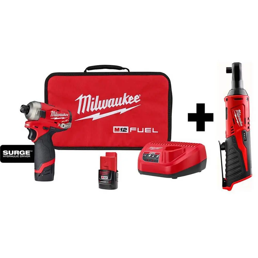 M12 FUEL SURGE 12V Lithium-Ion Brushless Cordless 1/4 in. Hex Impact Driver Compact Kit w/ M12 3/8 in. Ratchet image
