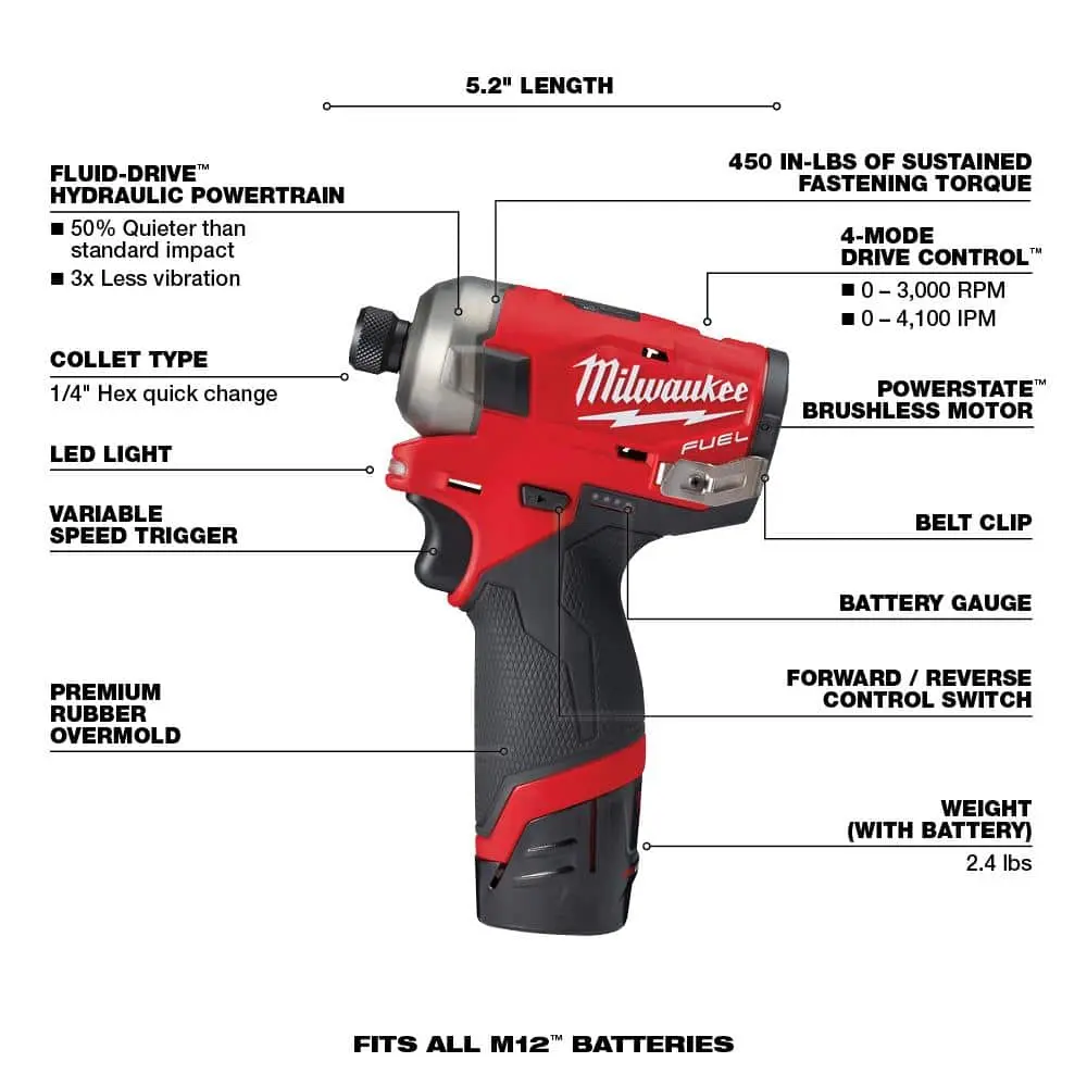 M12 FUEL SURGE 12V Lithium-Ion Brushless Cordless 1/4 in. Hex Impact Driver Compact Kit w/ M12 3/8 in. Ratchet image 3