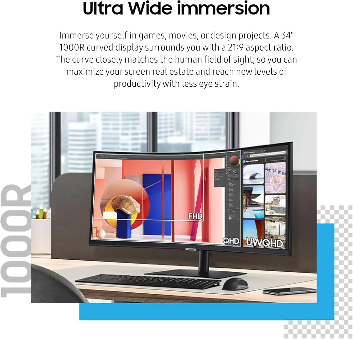 Samsung 34-Inch ViewFinity S65VC Series Ultra-WQHD Curved Computer Monitor, 100Hz, AMD FreeSync, HDR10, USB-C, Built-in Speaker, Camera, KVM Switch, Eye Care, Eco-Packaging, LS34C650VANXGO, Black image 4