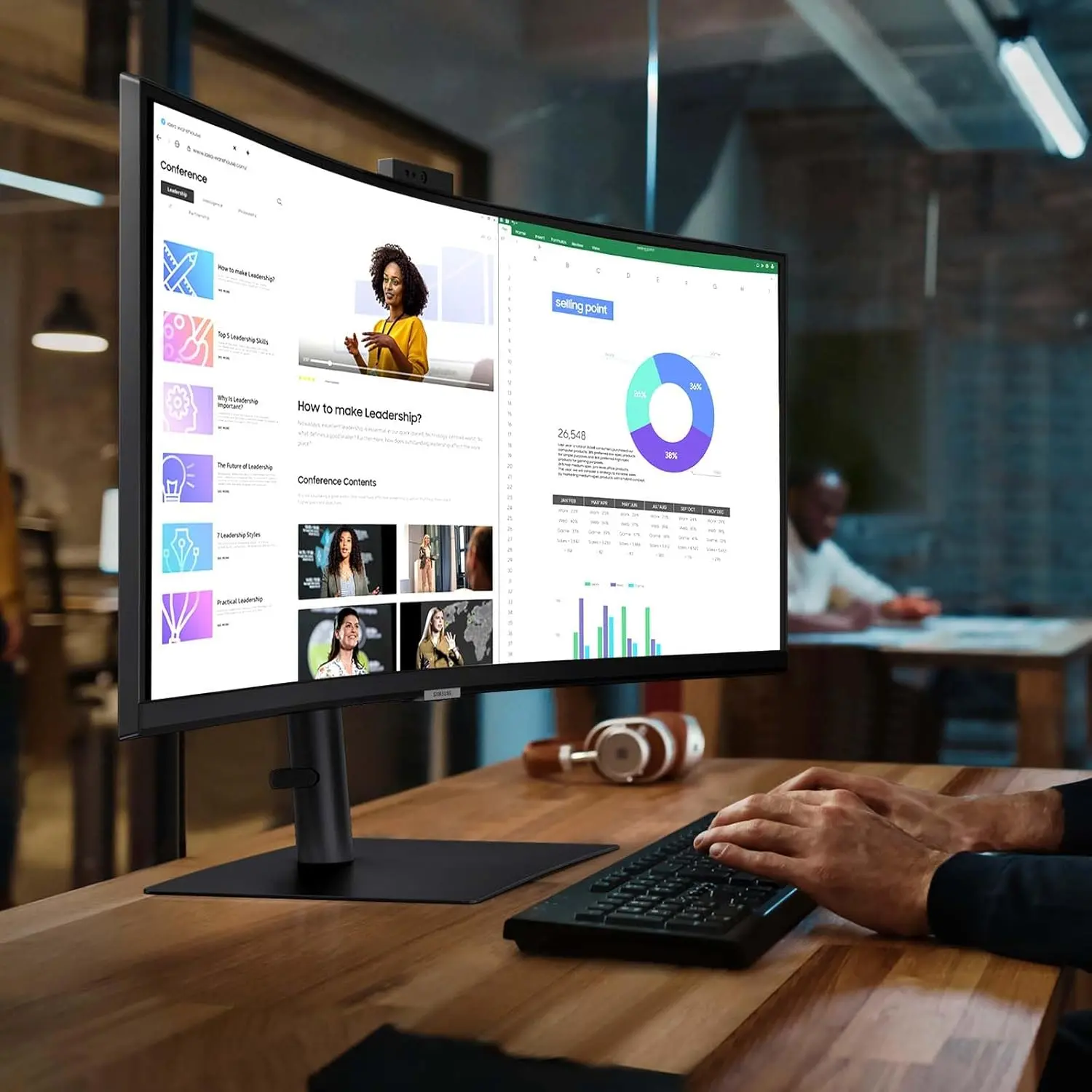 Samsung 34-Inch ViewFinity S65VC Series Ultra-WQHD Curved Computer Monitor, 100Hz, AMD FreeSync, HDR10, USB-C, Built-in Speaker, Camera, KVM Switch, Eye Care, Eco-Packaging, LS34C650VANXGO, Black image 9