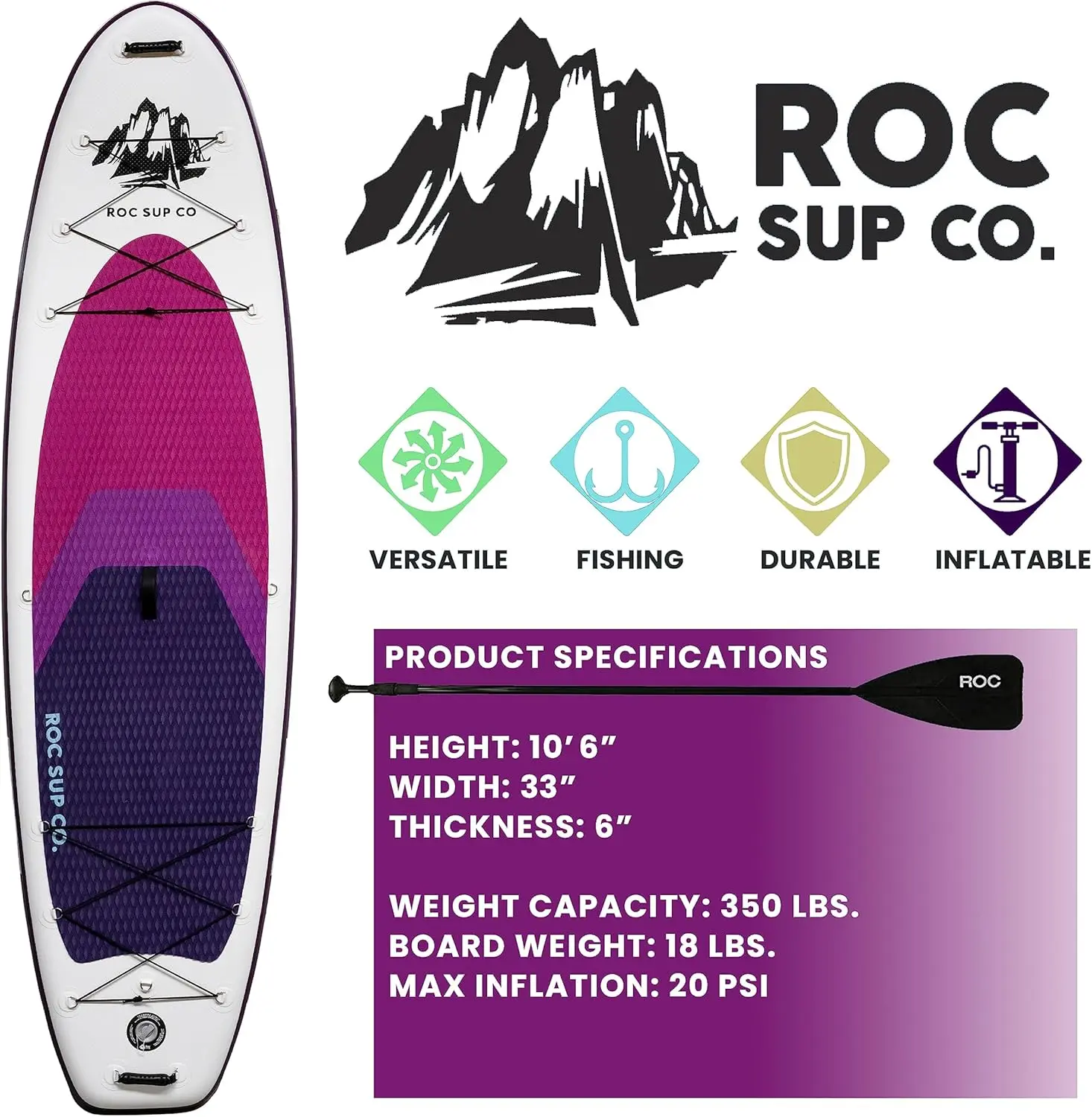 Roc Inflatable Stand Up Paddle Boards with Premium SUP Paddle Board Accessories, Wide Stable Design, Non-Slip Comfort Deck for Youth & Adults image 3