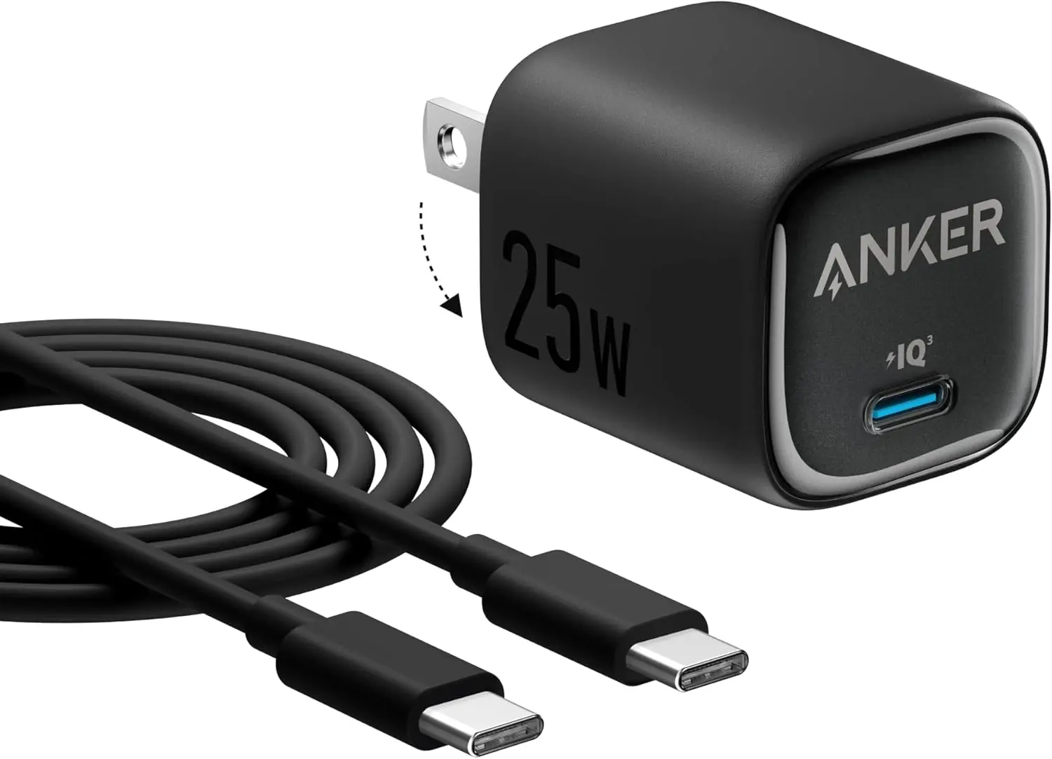 Anker 25W USB C Charger Block, Compact and Foldable, Supports PPS Fast Charging for Galaxy S24/Z Fold/Z Flip/Tab, iPhone, iPad (Black, 1pack with Cable) image 1