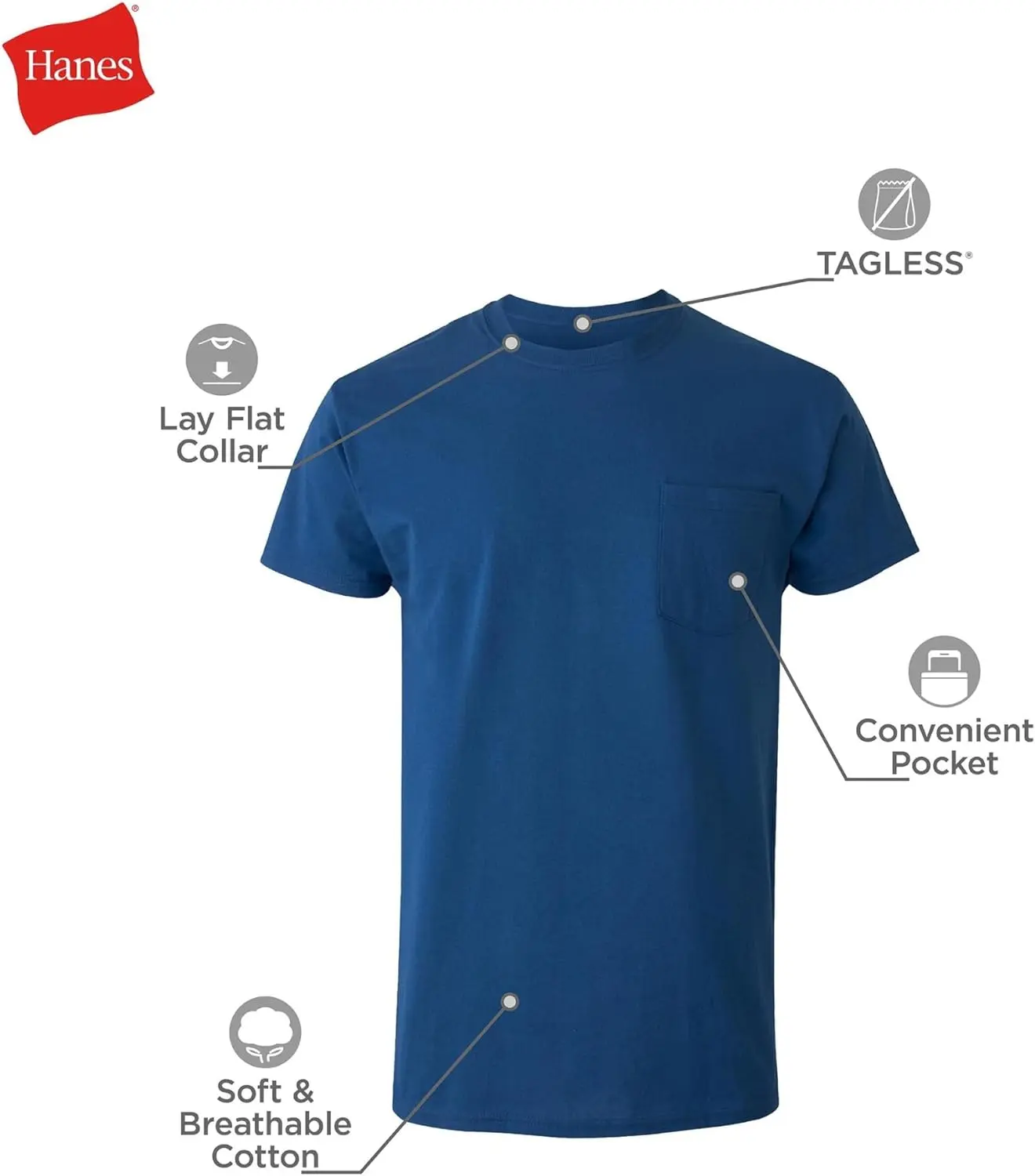 Hanes Men's Pocket Undershirt Pack, Cotton Crew Neck T-Shirt, Moisture Wicking Tee, Assorted 6-Pack image 4