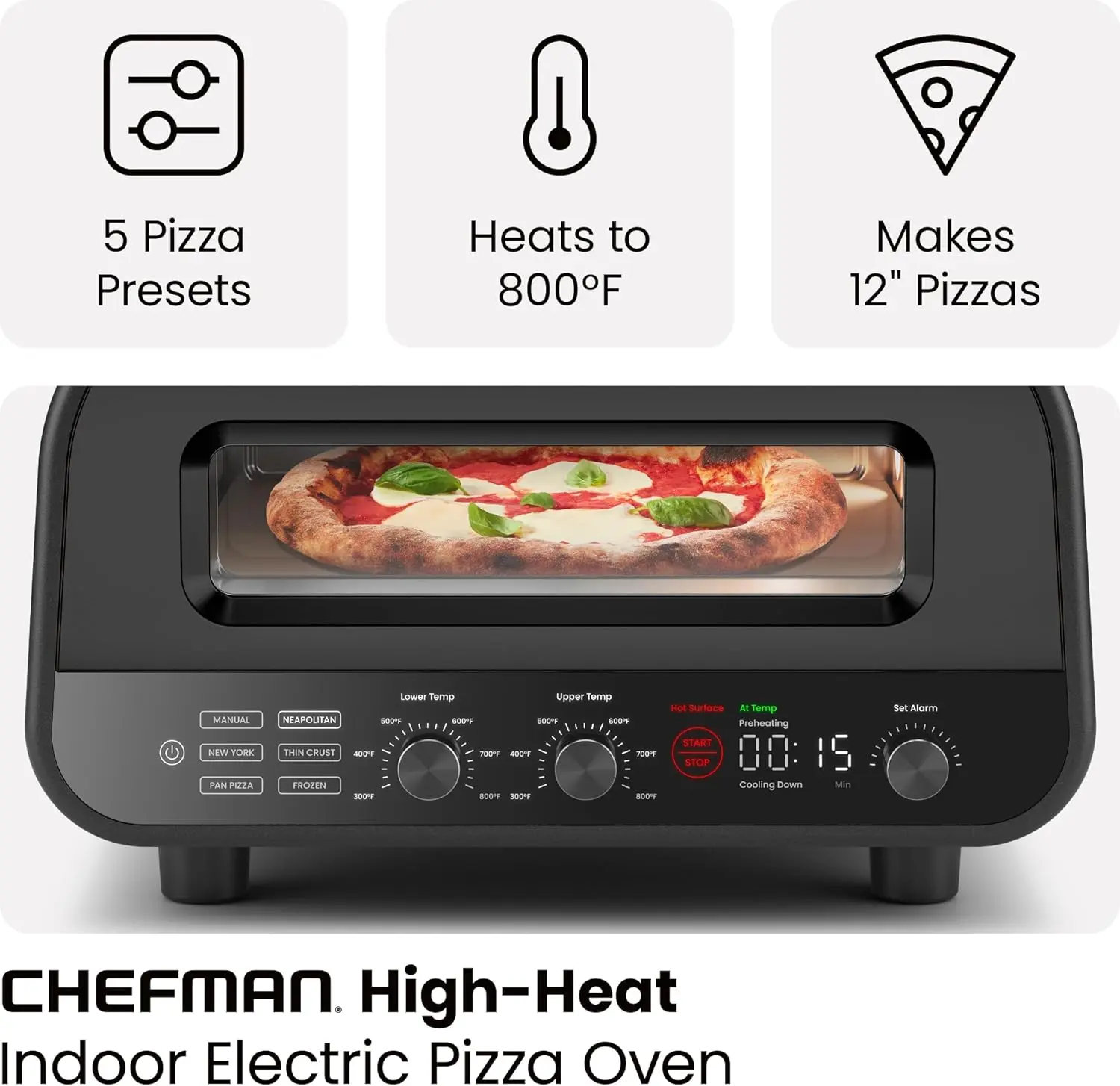 CHEFMAN Indoor Pizza Oven - Makes 12 Inch Pizzas in Minutes, Heats up to 800°F - Countertop Electric Pizza Maker with 5 Touchscreen Presets, Pizza Stone and Peel Included - Stainless Black image 2