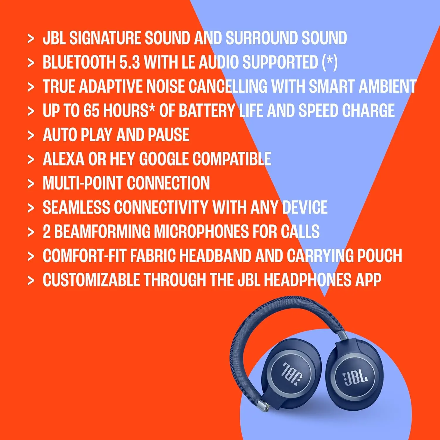 JBL Live 770NC - Wireless Over-Ear Headphones with True Adaptive Noise Cancelling with Smart Ambient, Up to 65 Hours of Battery Life, Comfort-fit Fabric Headband & Carrying Pouch (Blue) image 6
