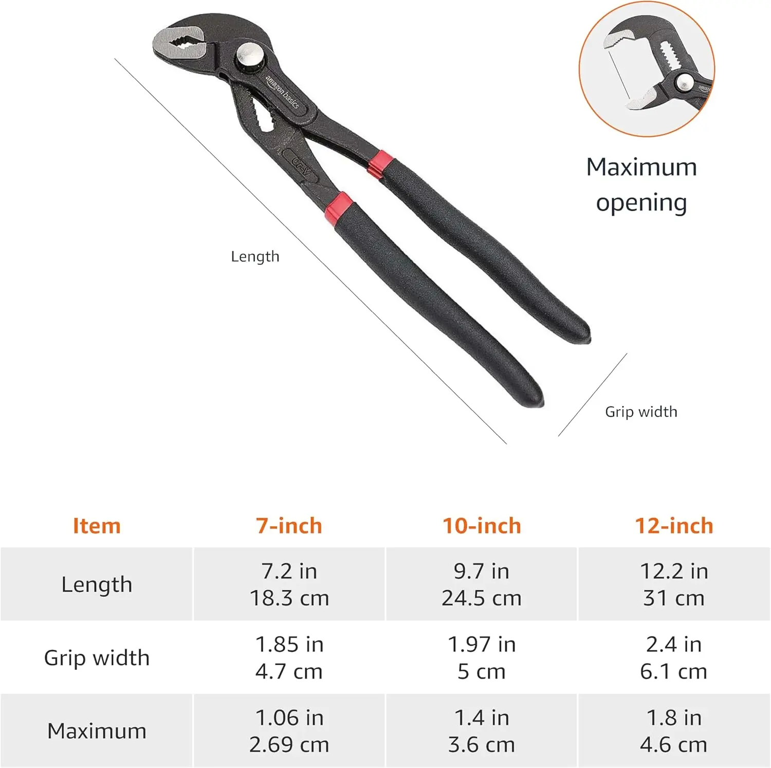 Amazon Basics 3-Piece Quick Release Groove Joint Pliers Set, Drop Forged Chrome Vanadium Steel, Includes 7-inch,10-inch, and 12-inch, Black image 4