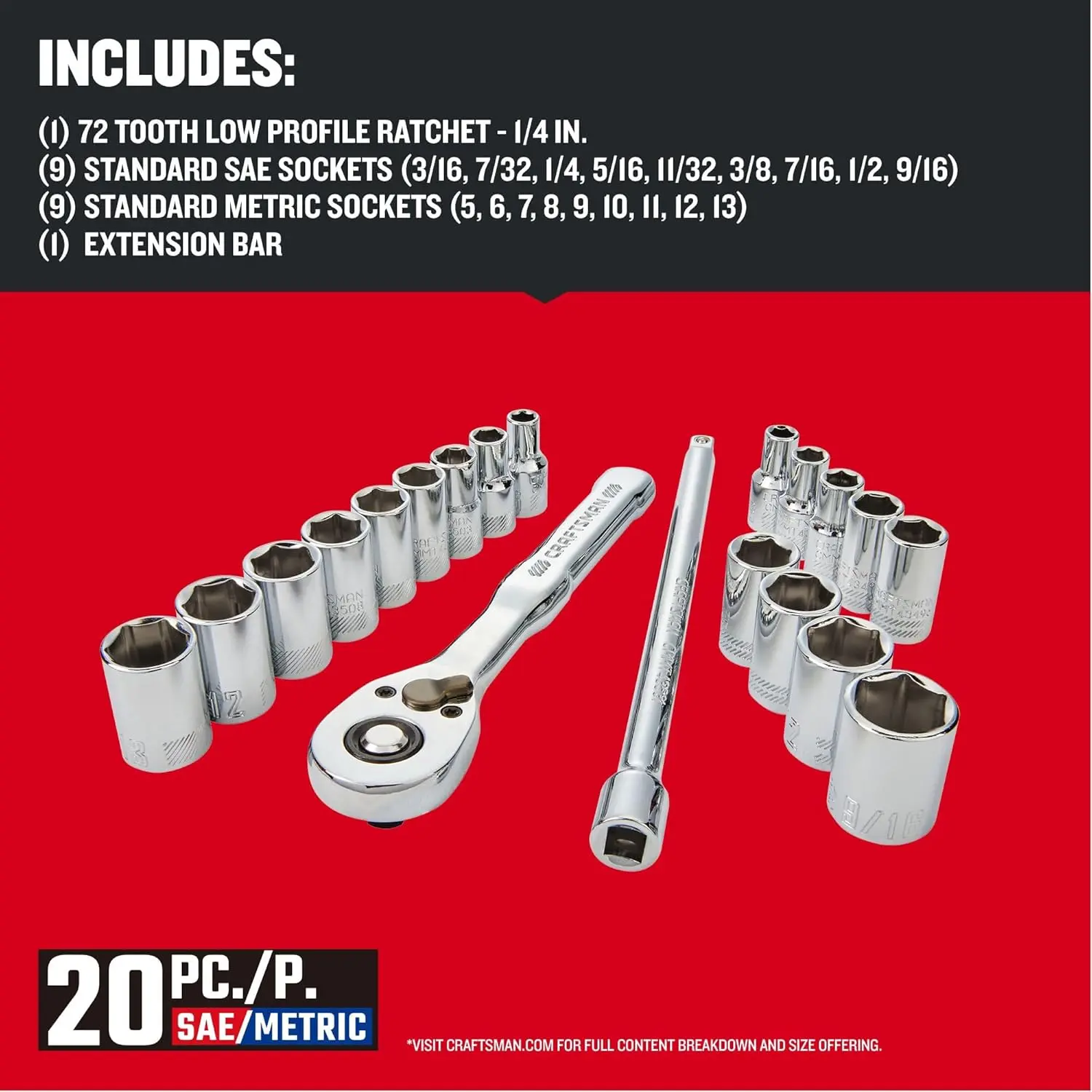 CRAFTSMAN Mechanics Tool Set, 1/4 Inch Drive, 20 Piece (CMMT12108) image 3