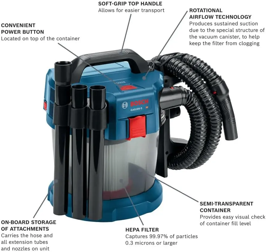 BOSCH GAS18V-3N 18 V 2.6-Gallon Wet/Dry Vacuum Cleaner with HEPA Filter (Bare Tool) image 2