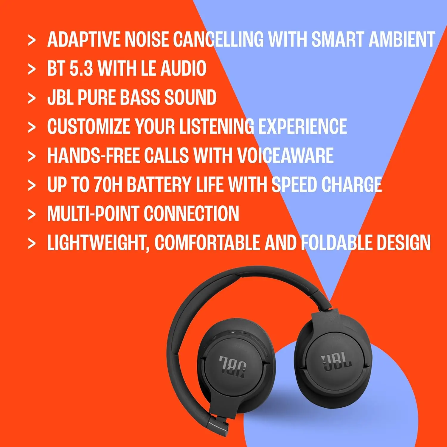 JBL Tune 770NC - Adaptive Noise Cancelling with Smart Ambient Wireless Over-Ear Headphones, Bluetooth 5.3, Up to 70H Battery Life with Speed Charge, Lightweight, Comfortable & Foldable Design (Black) image 7