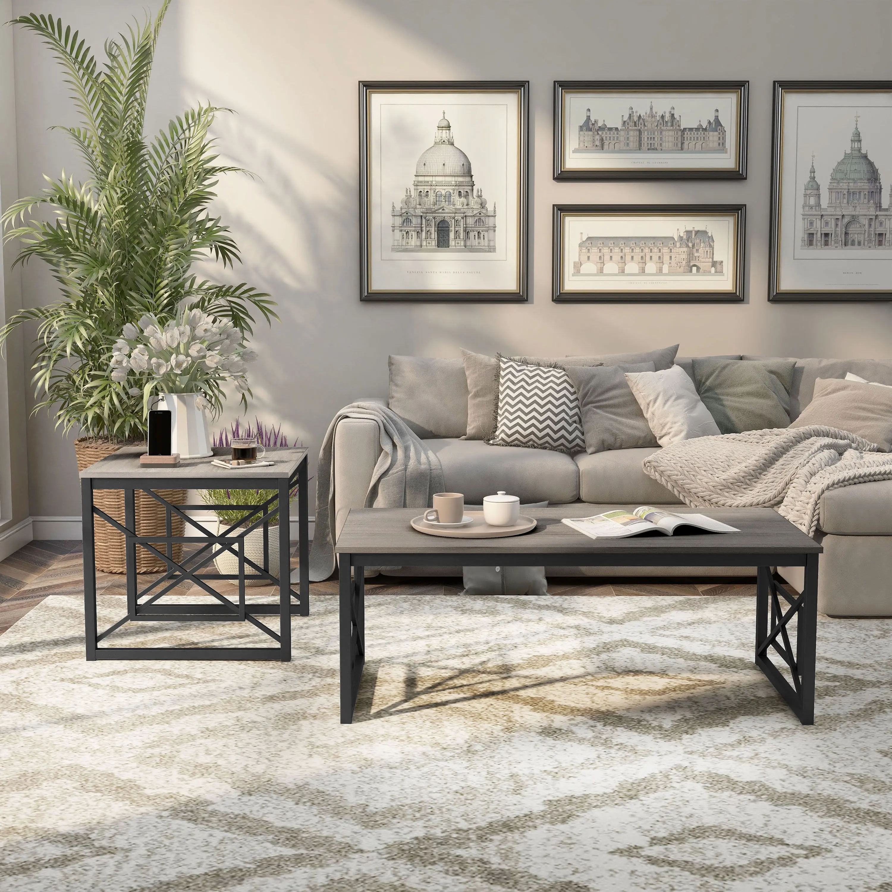 Furniture of America Dexter Wood Top and Metal Gray 2-Piece Coffee Table Set image 1