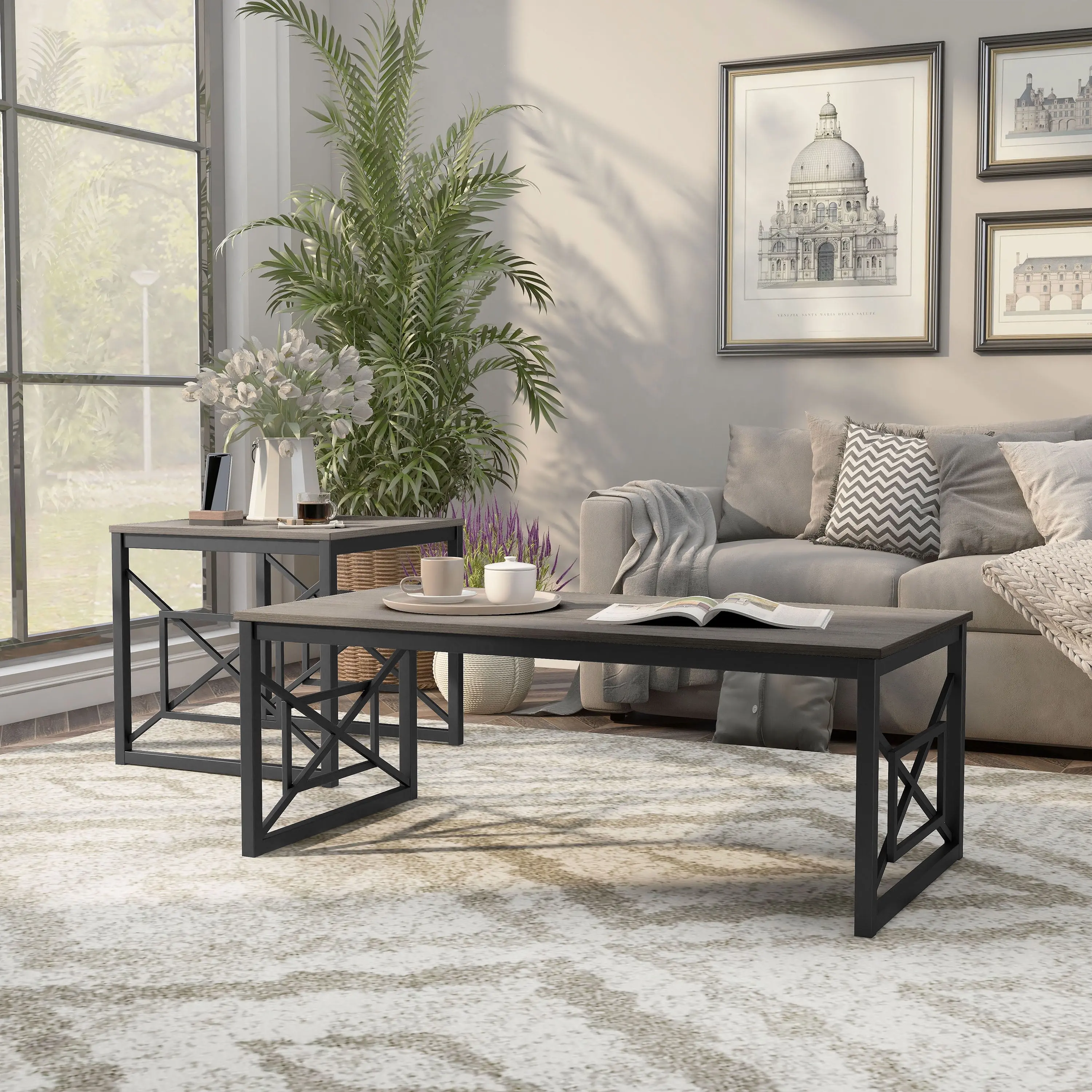 Furniture of America Dexter Wood Top and Metal Gray 2-Piece Coffee Table Set image 9