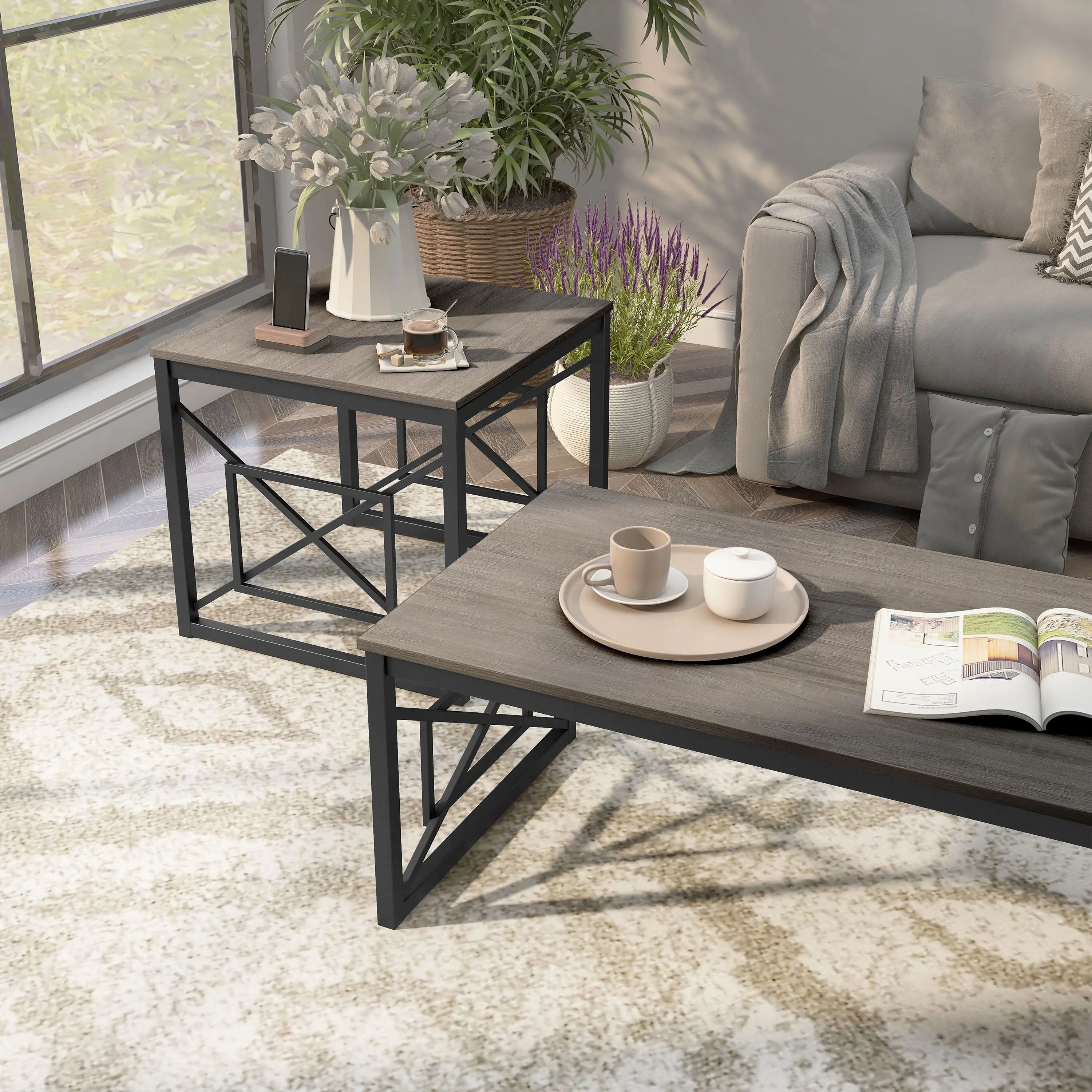 Furniture of America Dexter Wood Top and Metal Gray 2-Piece Coffee Table Set image 10