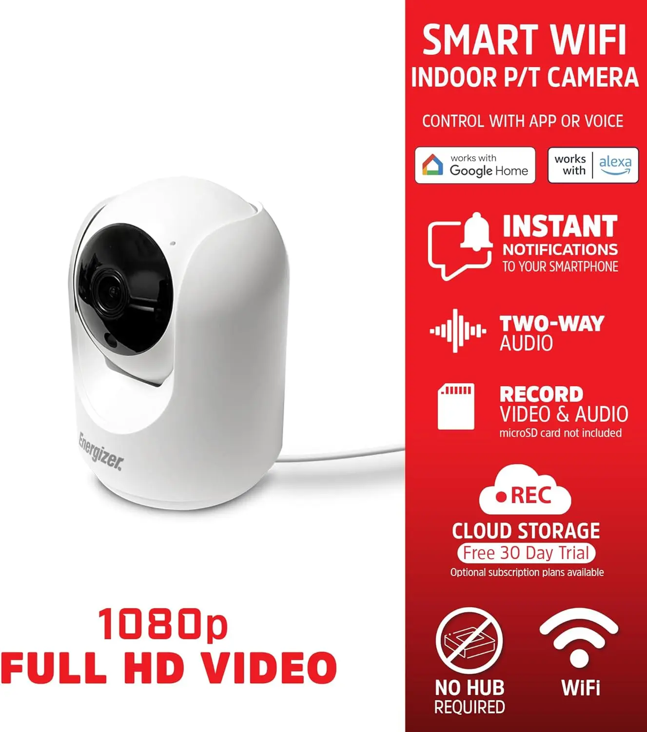 Energizer Smart 1080p Indoor Pan & Tilt Wired Camera, Motion Tracking, Two-Way Conversation, Night Vision, Instant Notifications, Works with Google Home and Alexa, Night Vision, White image 4