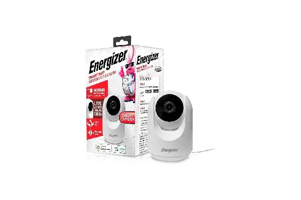 Energizer Smart 1080p Indoor Pan & Tilt Wired Camera, Motion Tracking, Two-Way Conversation, Night Vision, Instant Notifications, Works with Google Home and Alexa, Night Vision, White image