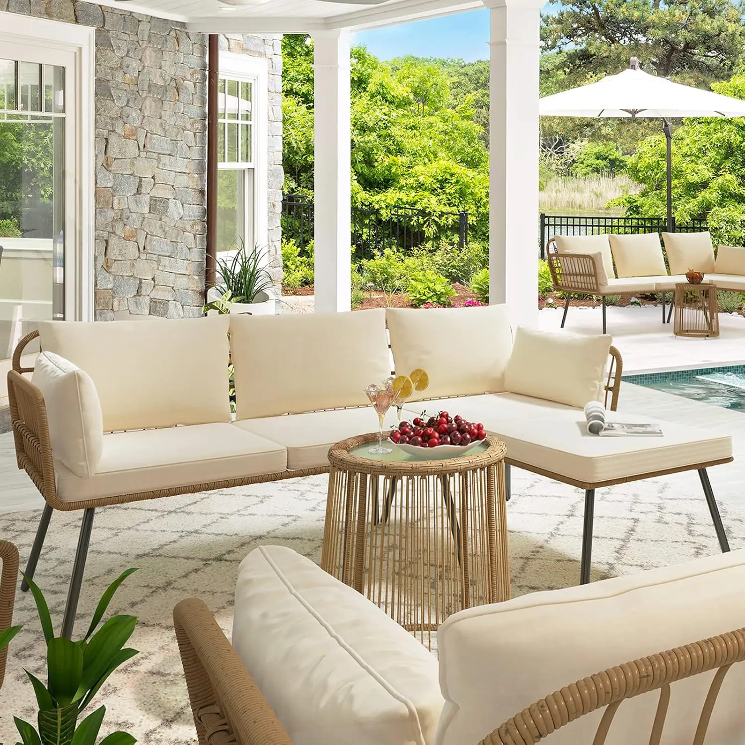 YITAHOME 3 Pieces Patio Furniture Set, Outdoor Wicker Conversation Sectional L-Shaped Sofa with 4 Seater for Backyard, Porch, Boho Detachable Lounger with Cushions and Coffee Table - Beige image