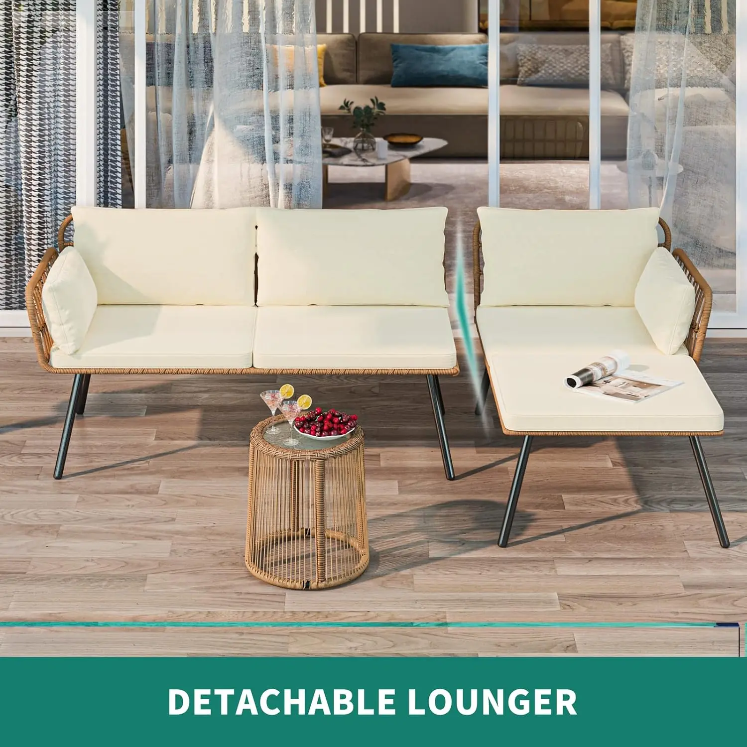 YITAHOME 3 Pieces Patio Furniture Set, Outdoor Wicker Conversation Sectional L-Shaped Sofa with 4 Seater for Backyard, Porch, Boho Detachable Lounger with Cushions and Coffee Table - Beige image 8