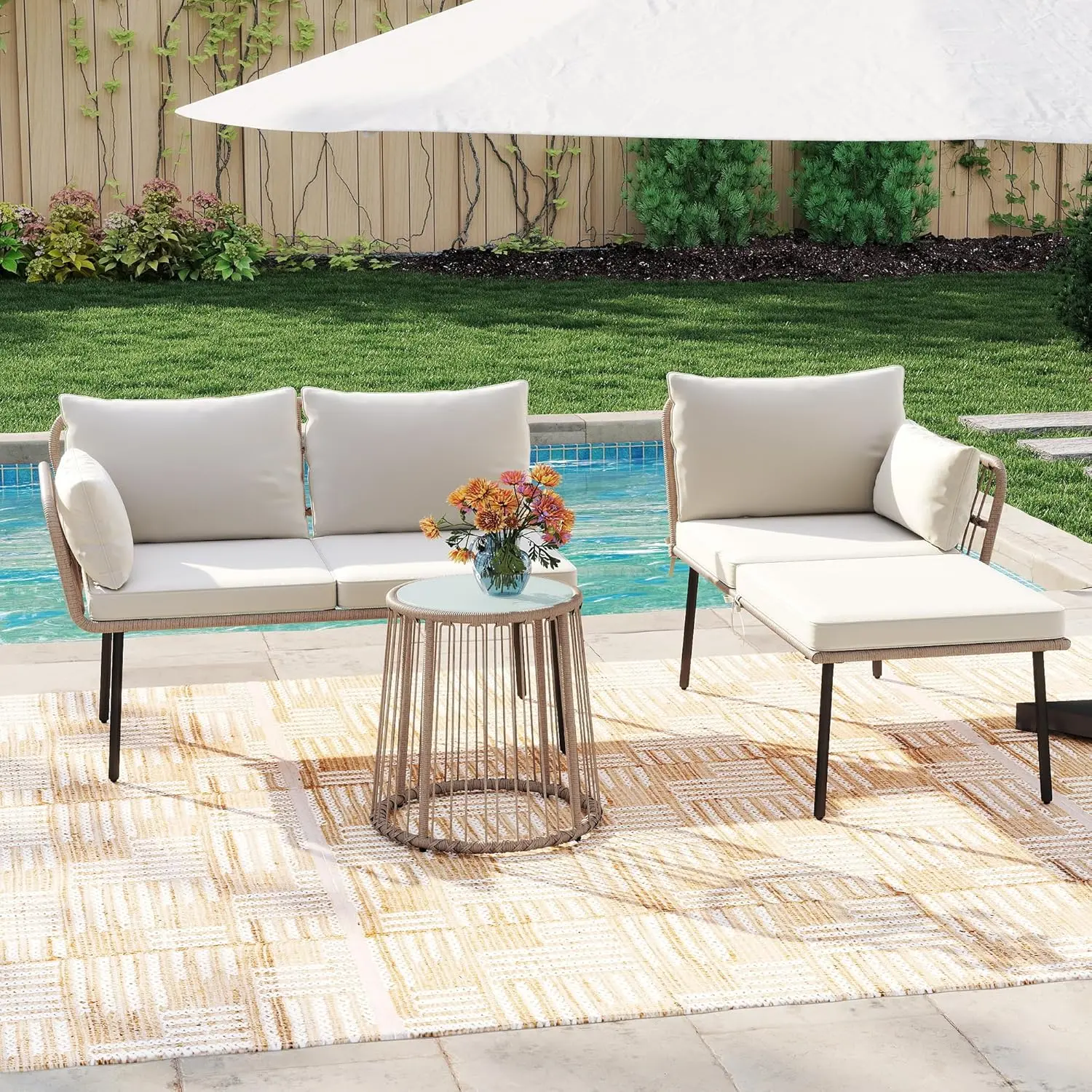 YITAHOME 3 Pieces Patio Furniture Set, Outdoor Wicker Conversation Sectional L-Shaped Sofa with 4 Seater for Backyard, Porch, Boho Detachable Lounger with Cushions and Coffee Table - Beige image 9