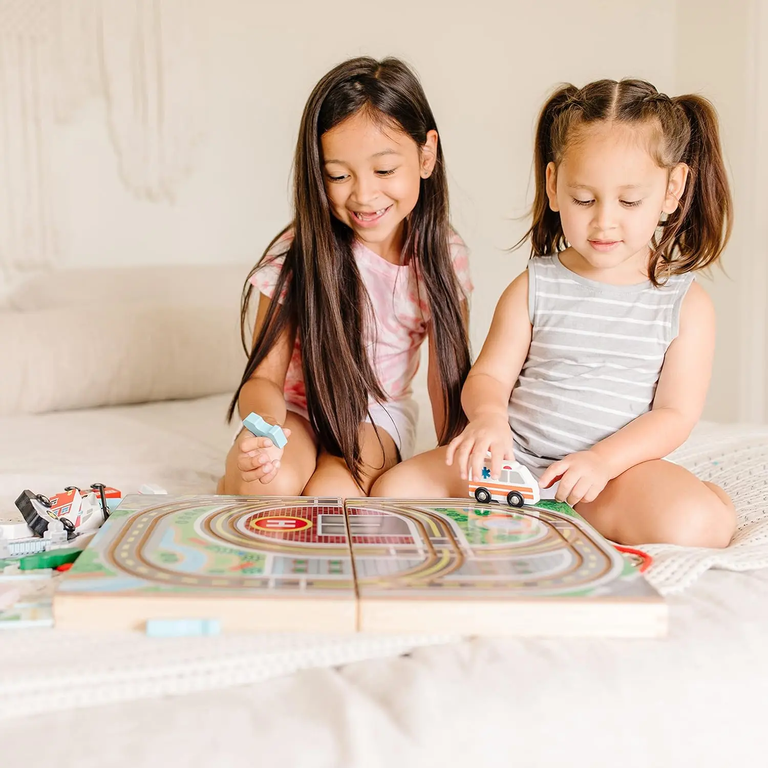 Melissa & Doug 18-Piece Wooden Take-Along Tabletop Town, 4 Rescue Vehicles, Play Pieces, Bridge , 15.4 x 11.0 x 2.6 image 3