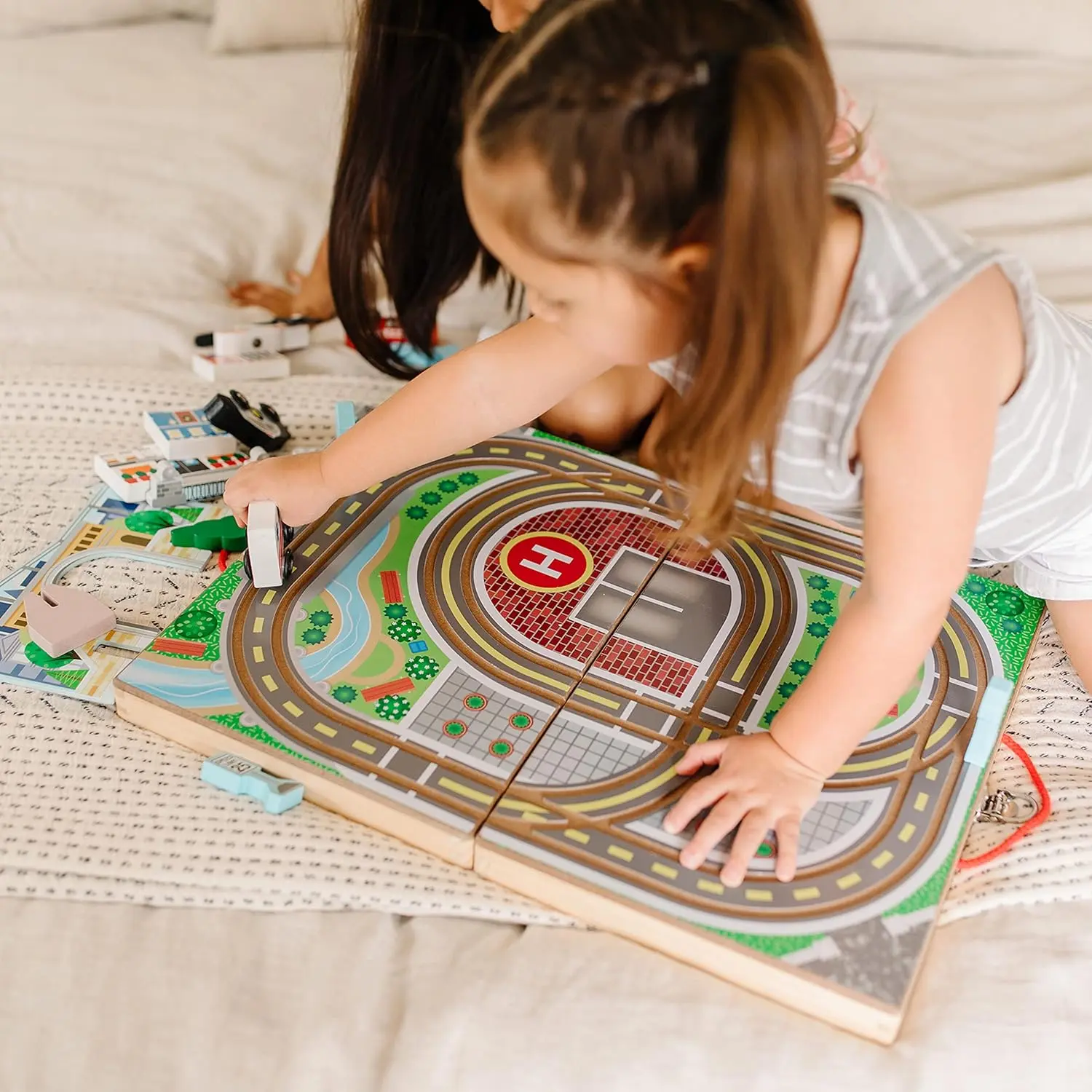 Melissa & Doug 18-Piece Wooden Take-Along Tabletop Town, 4 Rescue Vehicles, Play Pieces, Bridge , 15.4 x 11.0 x 2.6 image 5
