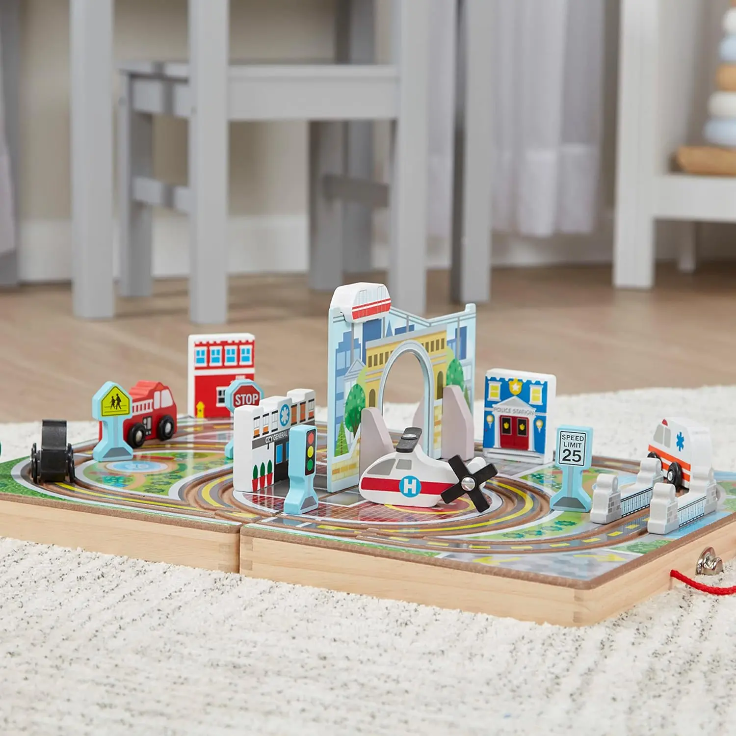 Melissa & Doug 18-Piece Wooden Take-Along Tabletop Town, 4 Rescue Vehicles, Play Pieces, Bridge , 15.4 x 11.0 x 2.6 image 9