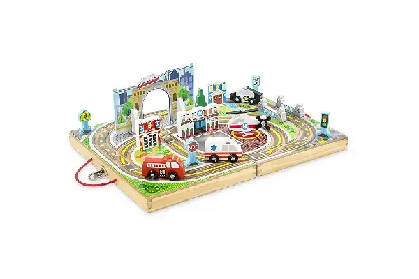 Melissa & Doug 18-Piece Wooden Take-Along Tabletop Town, 4 Rescue Vehicles, Play Pieces, Bridge , 15.4 x 11.0 x 2.6 image