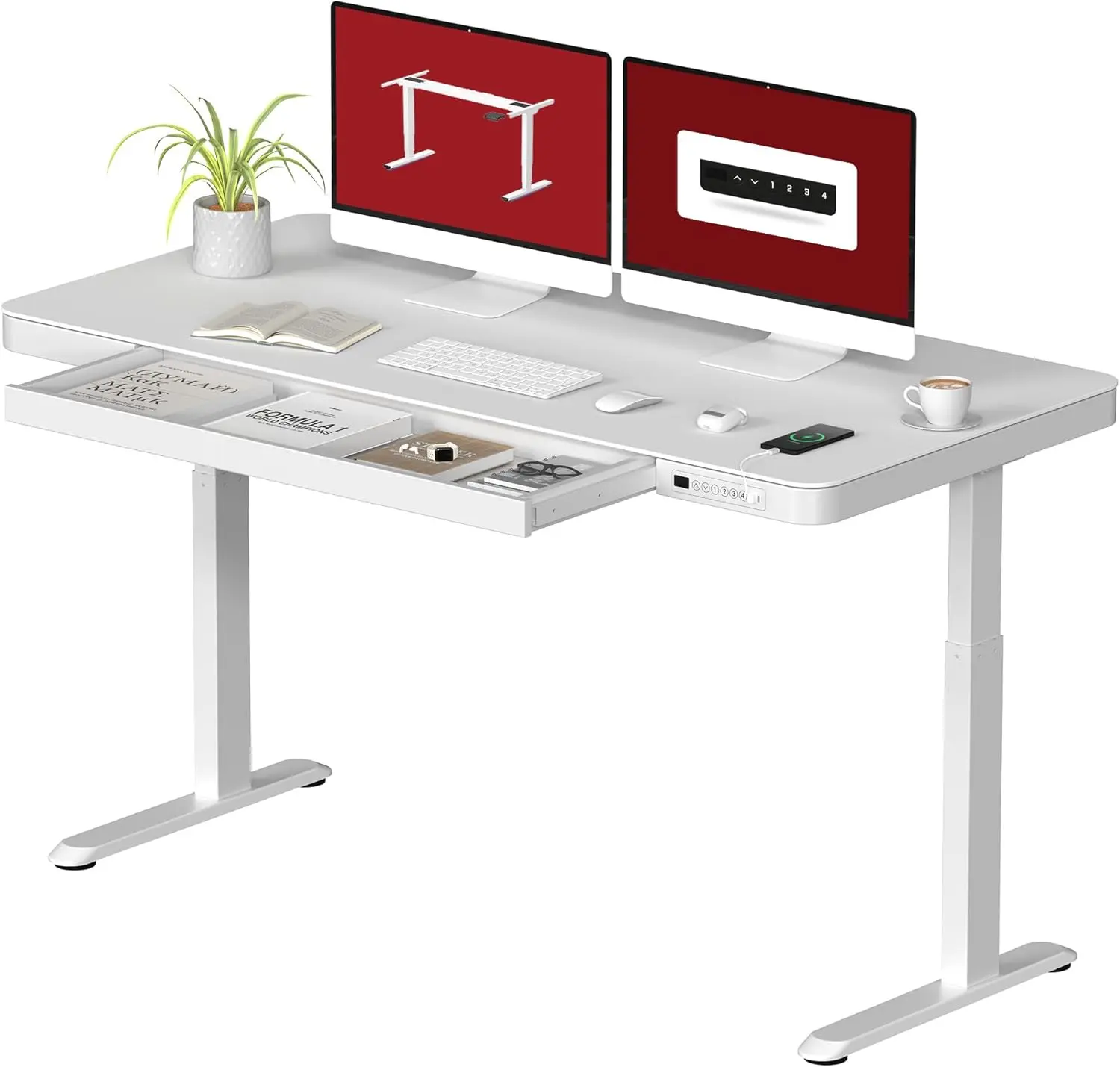 SANODESK Standing Desk with Drawer, Electric Height Adjustable Home Office Desk with Storage & USB Ports, 55 inch White Wood Tabletop/White Frame image 1