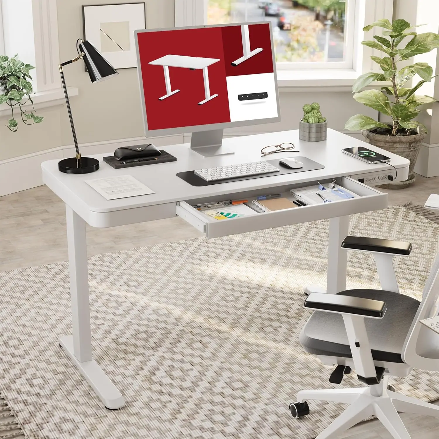 SANODESK Standing Desk with Drawer, Electric Height Adjustable Home Office Desk with Storage & USB Ports, 55 inch White Wood Tabletop/White Frame image 2