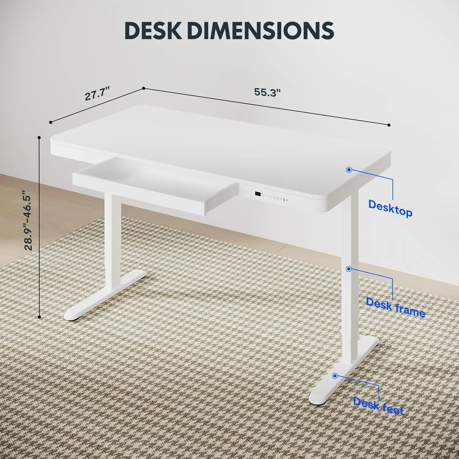 SANODESK Standing Desk with Drawer, Electric Height Adjustable Home Office Desk with Storage & USB Ports, 55 inch White Wood Tabletop/White Frame image 3