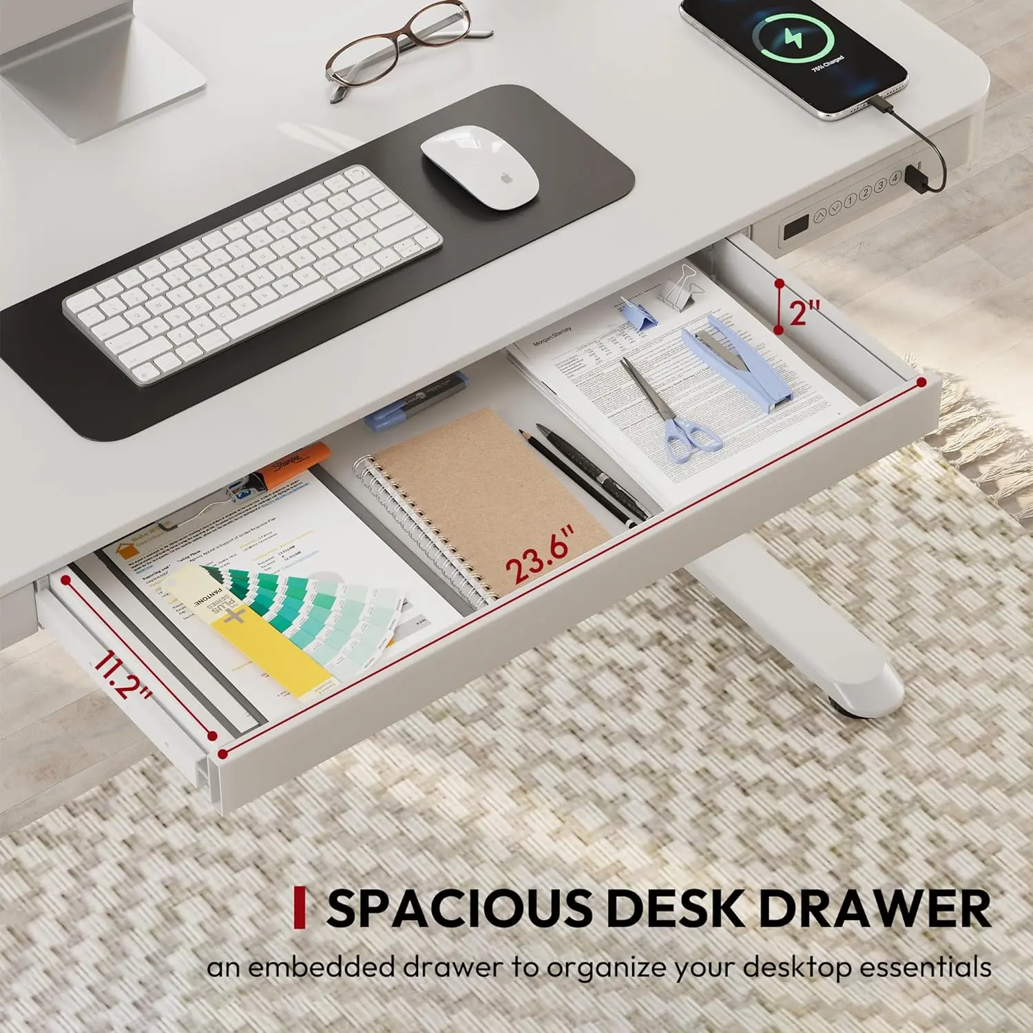 SANODESK Standing Desk with Drawer, Electric Height Adjustable Home Office Desk with Storage & USB Ports, 55 inch White Wood Tabletop/White Frame image 4