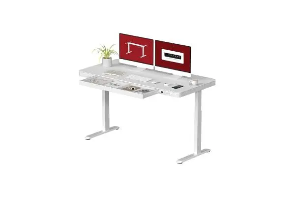 SANODESK Standing Desk with Drawer, Electric Height Adjustable Home Office Desk with Storage & USB Ports, 55 inch White Wood Tabletop/White Frame image