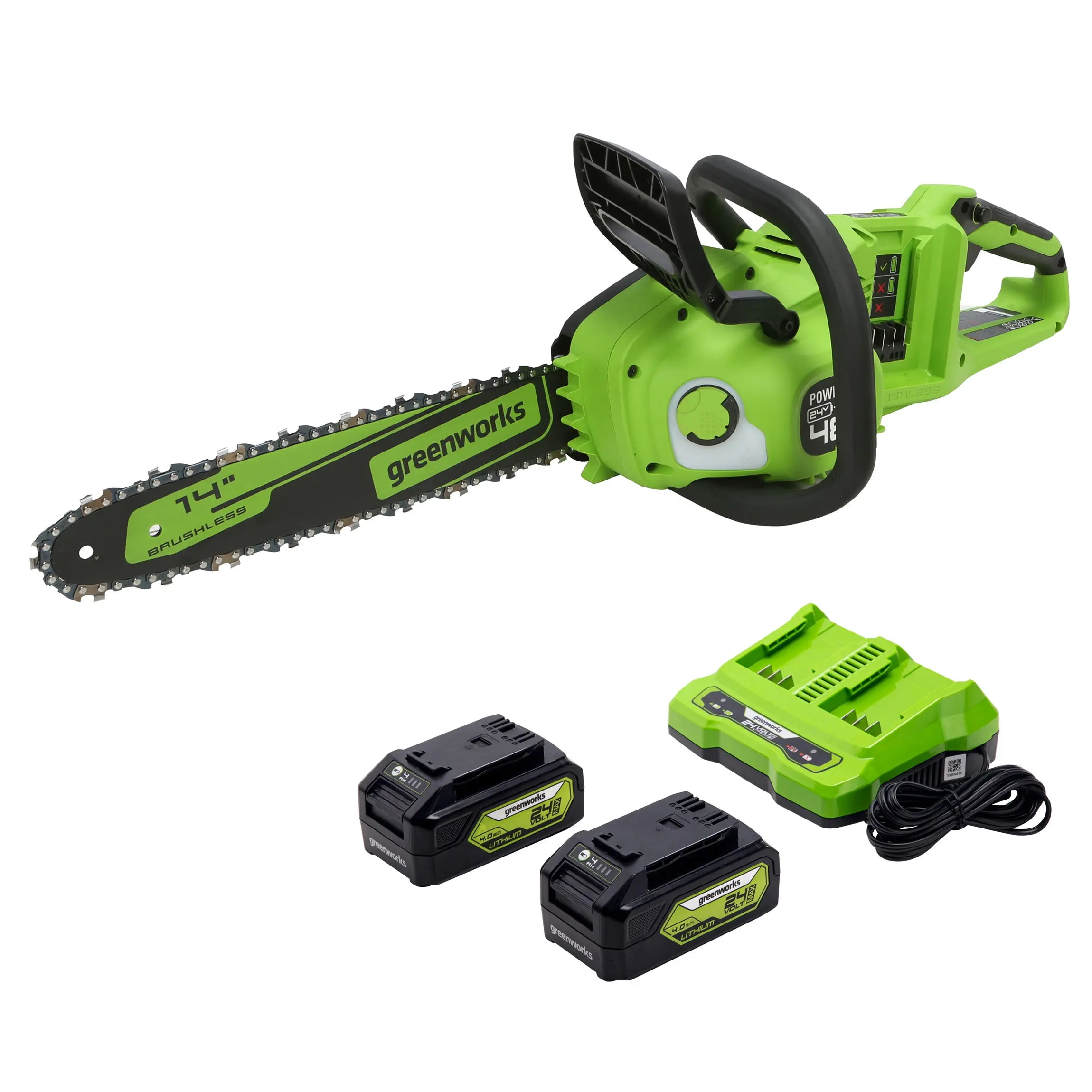 Greenworks 48V (2x24V) 14" Brushless Chainsaw + (2) 4Ah USB Batteries & Dual Port Charger 2017902 image 1