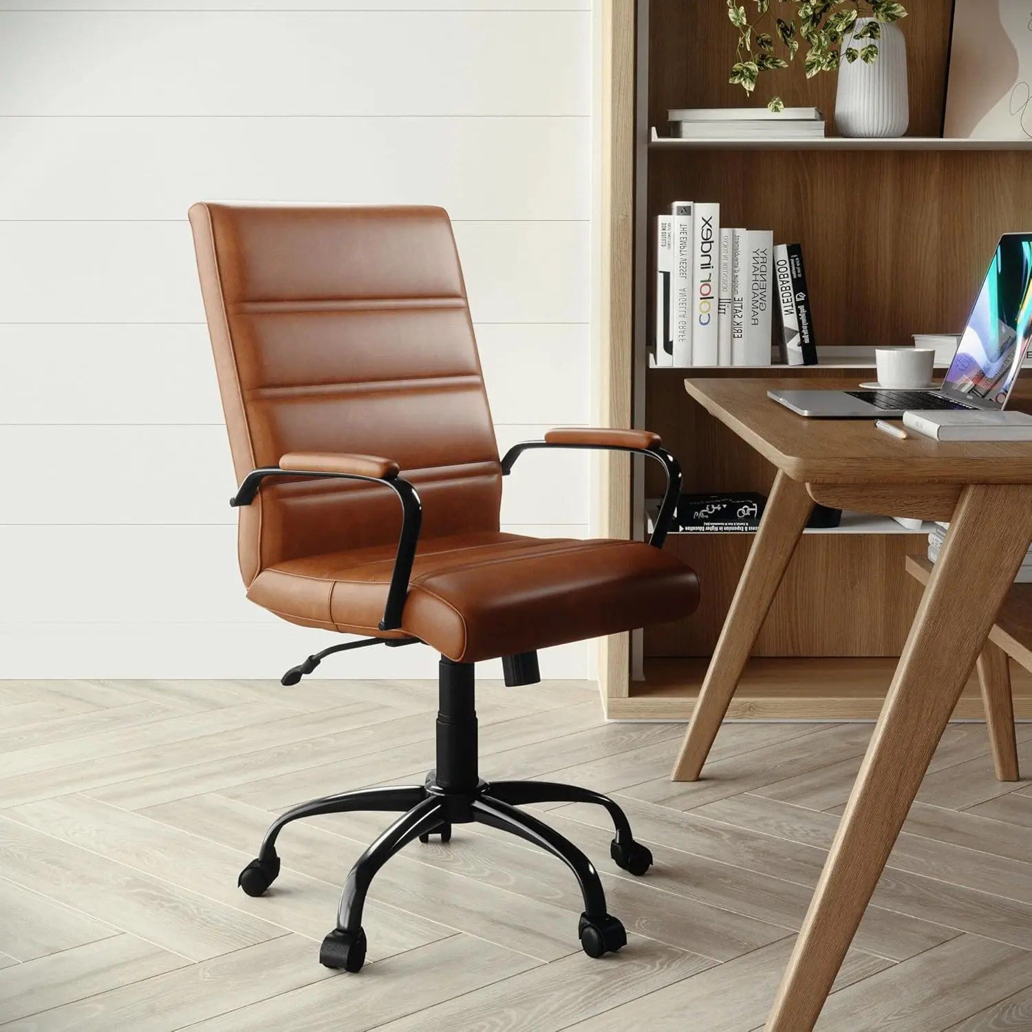 Flash Furniture Whitney Mid-Back Swivel Leather Desk Chair with Padded Seat and Armrests, Adjustable Height Padded Leather Office Chair, Brown/Black image 2