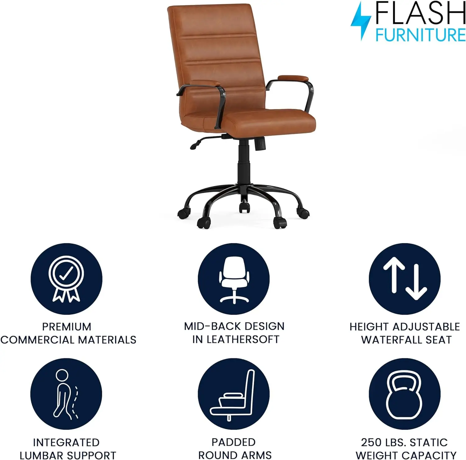Flash Furniture Whitney Mid-Back Swivel Leather Desk Chair with Padded Seat and Armrests, Adjustable Height Padded Leather Office Chair, Brown/Black image 4