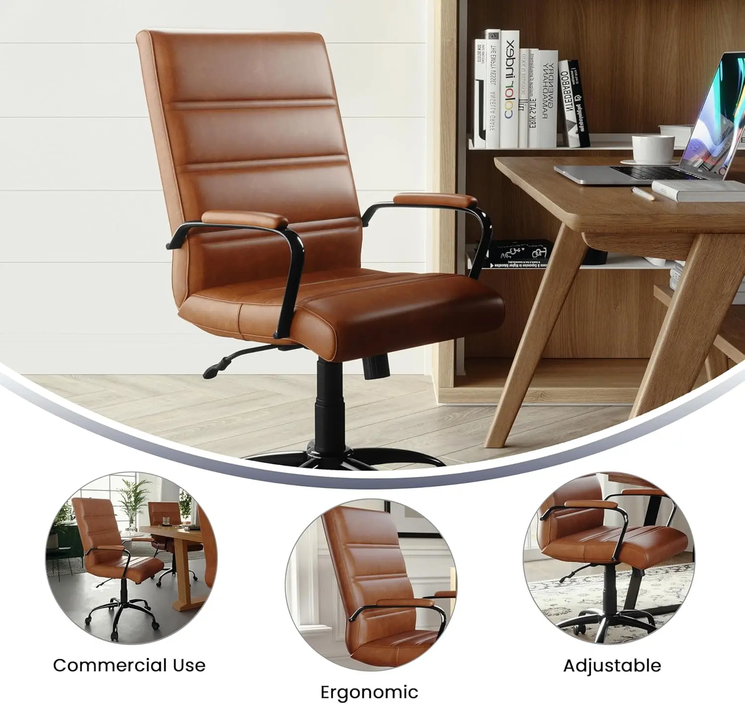 Flash Furniture Whitney Mid-Back Swivel Leather Desk Chair with Padded Seat and Armrests, Adjustable Height Padded Leather Office Chair, Brown/Black image 5