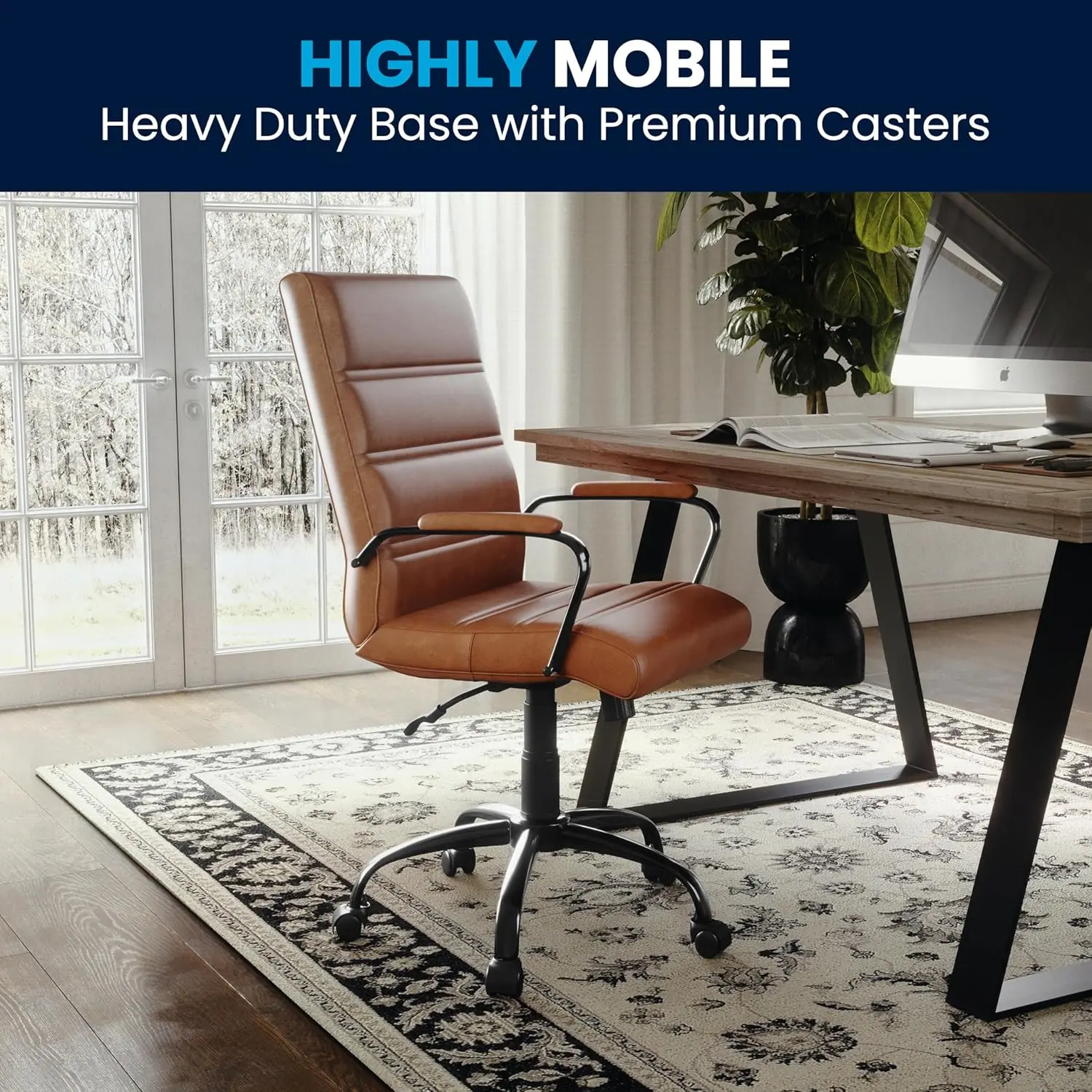 Flash Furniture Whitney Mid-Back Swivel Leather Desk Chair with Padded Seat and Armrests, Adjustable Height Padded Leather Office Chair, Brown/Black image 6